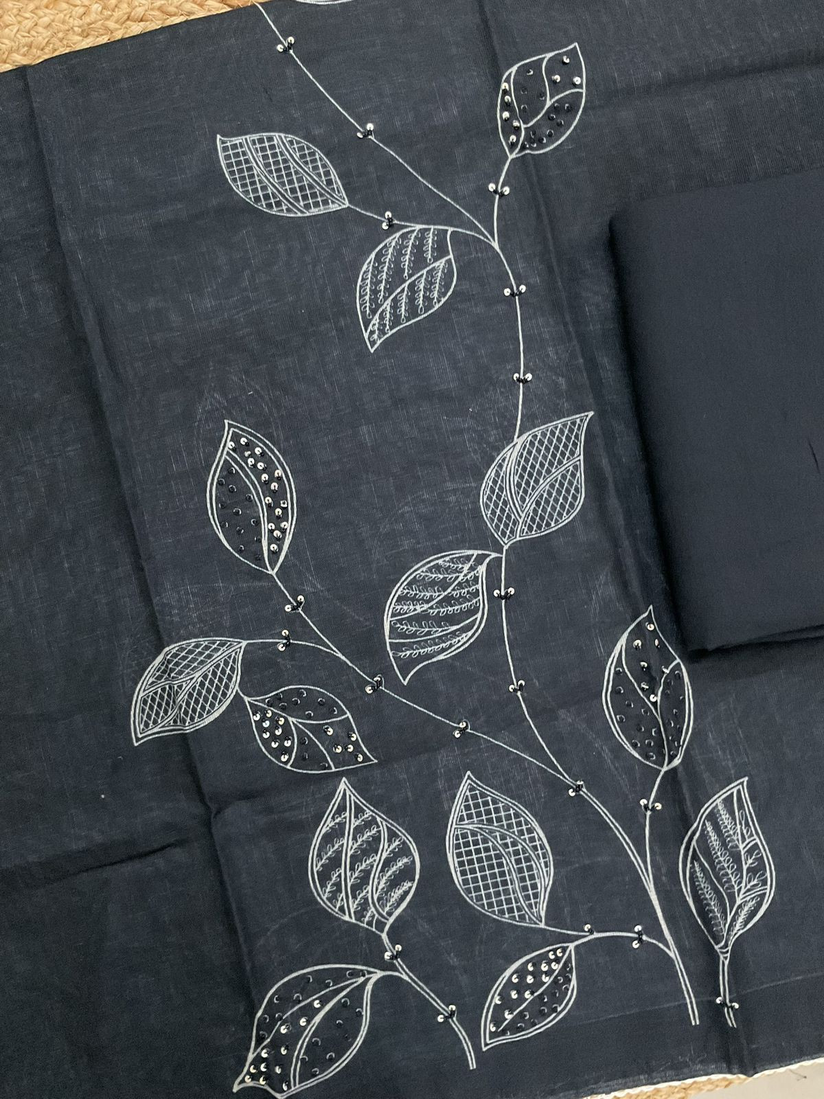 Soft Linen Jute Cotton Printed Embroidered Suit - Black