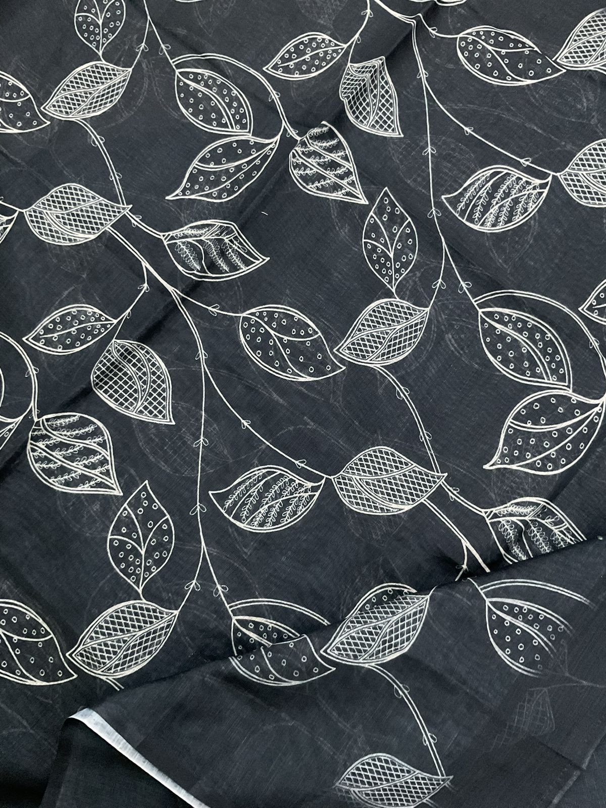 Soft Linen Jute Cotton Printed Embroidered Suit - Black