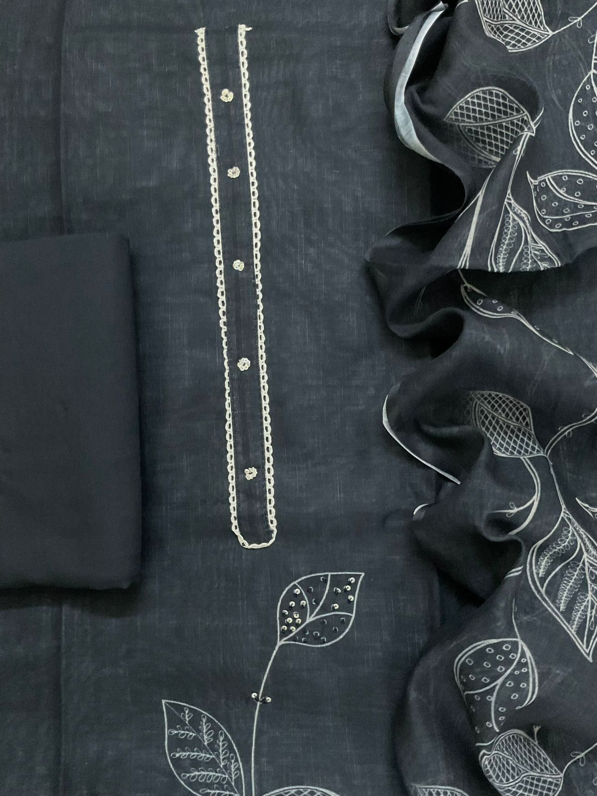 Soft Linen Jute Cotton Printed Embroidered Suit - Black