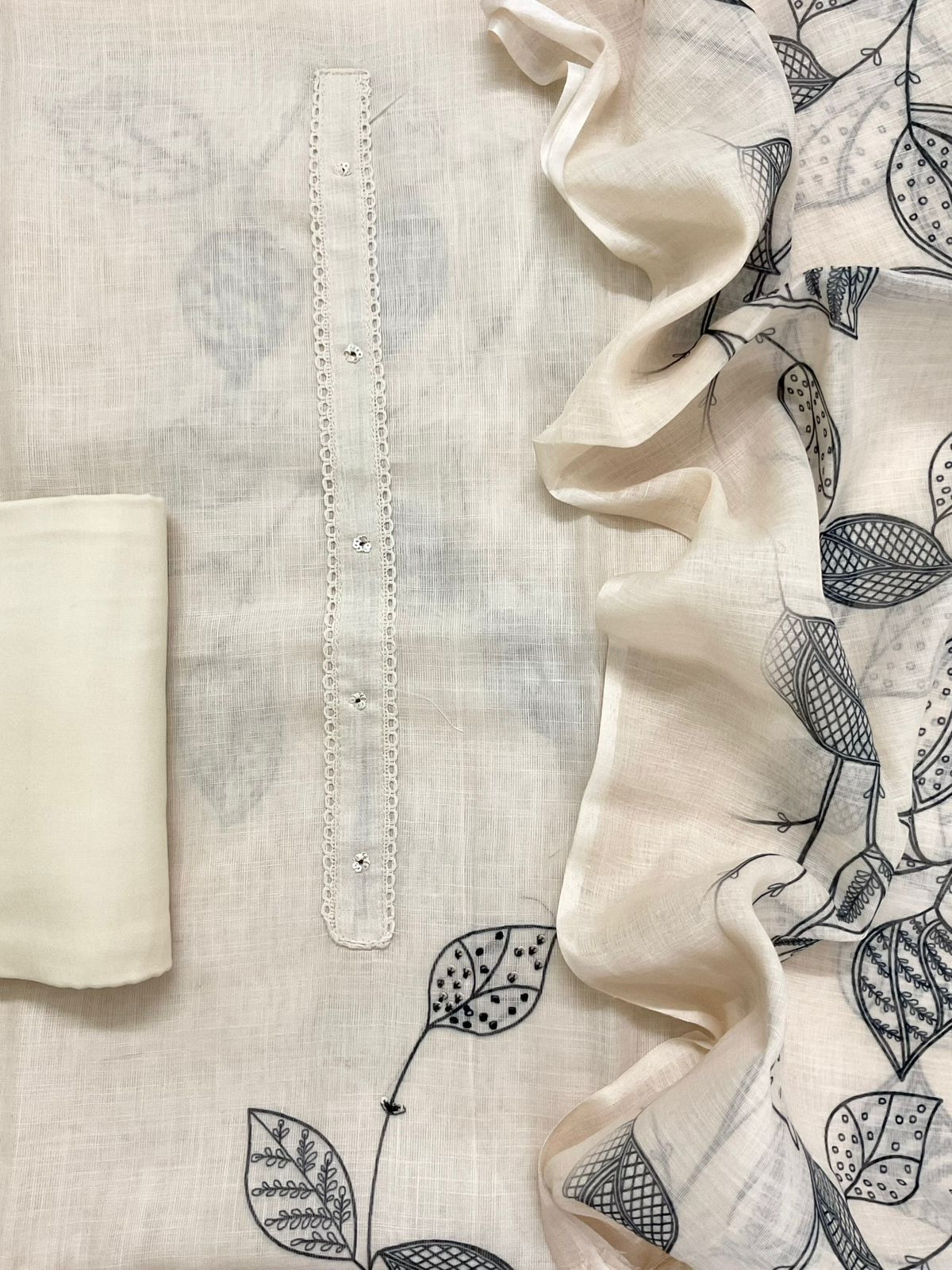 Soft Linen Jute Cotton Printed Embroidered Suit - Off White