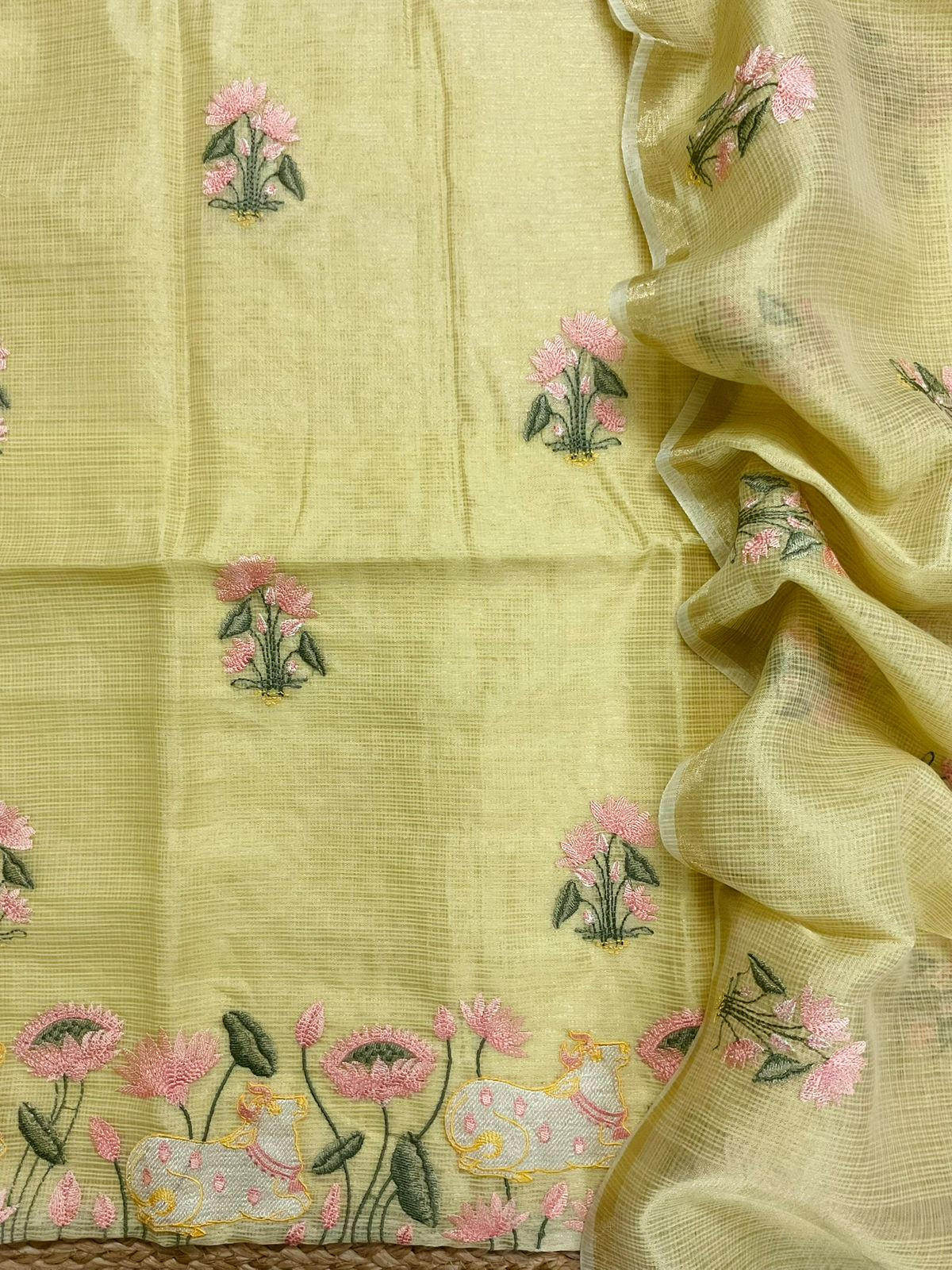 Soft Tissue Kota Silk Embroidered Suit - Yellow