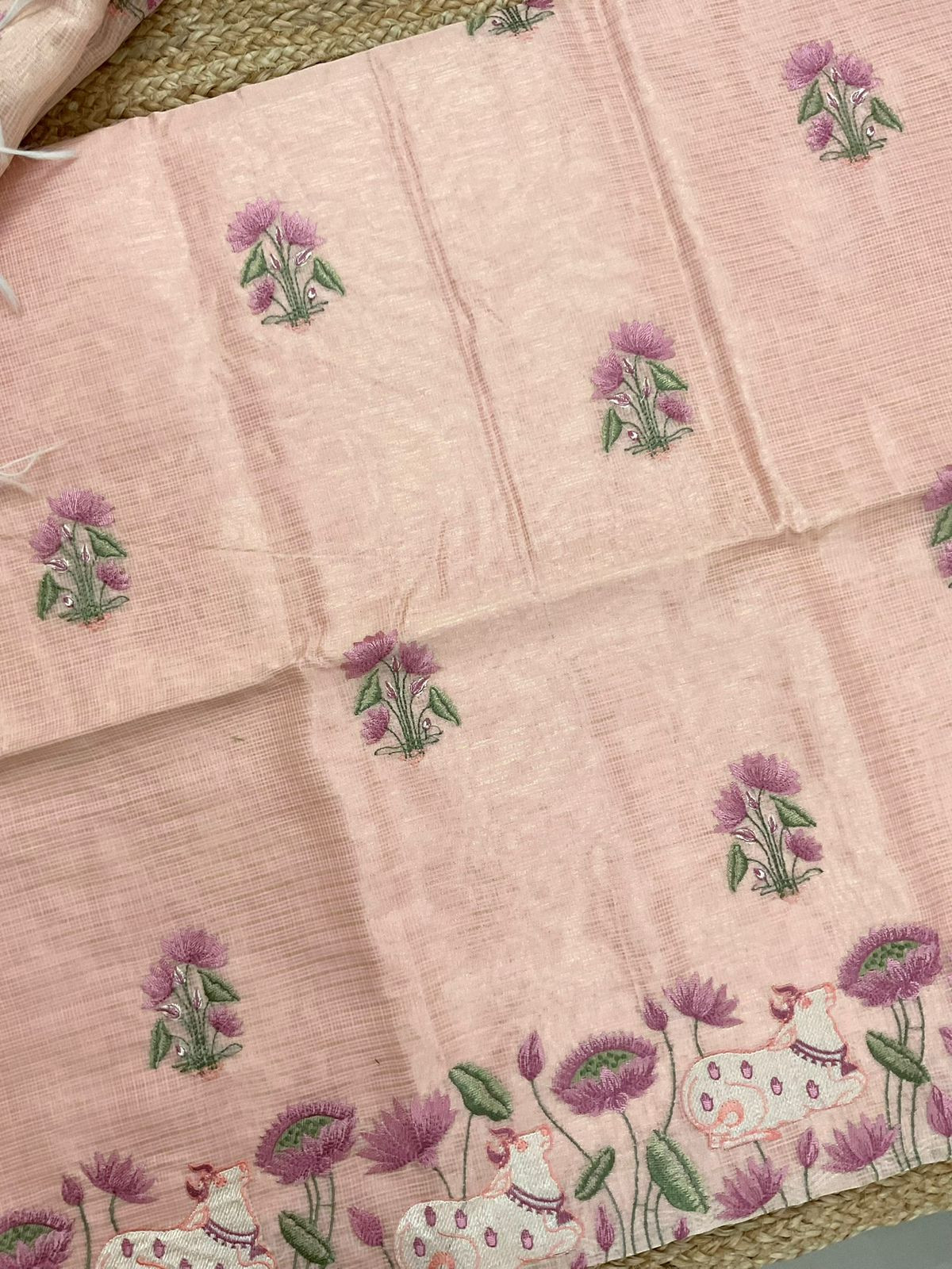 Soft Tissue Kota Silk Embroidered Suit - Peach