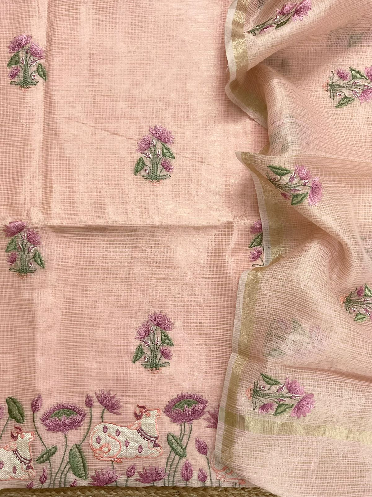 Soft Tissue Kota Silk Embroidered Suit - Peach