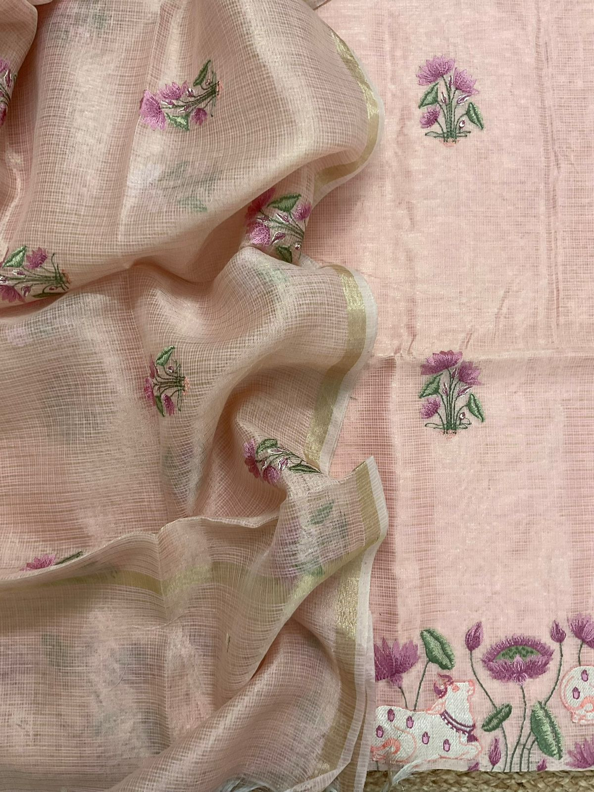 Soft Tissue Kota Silk Embroidered Suit - Peach