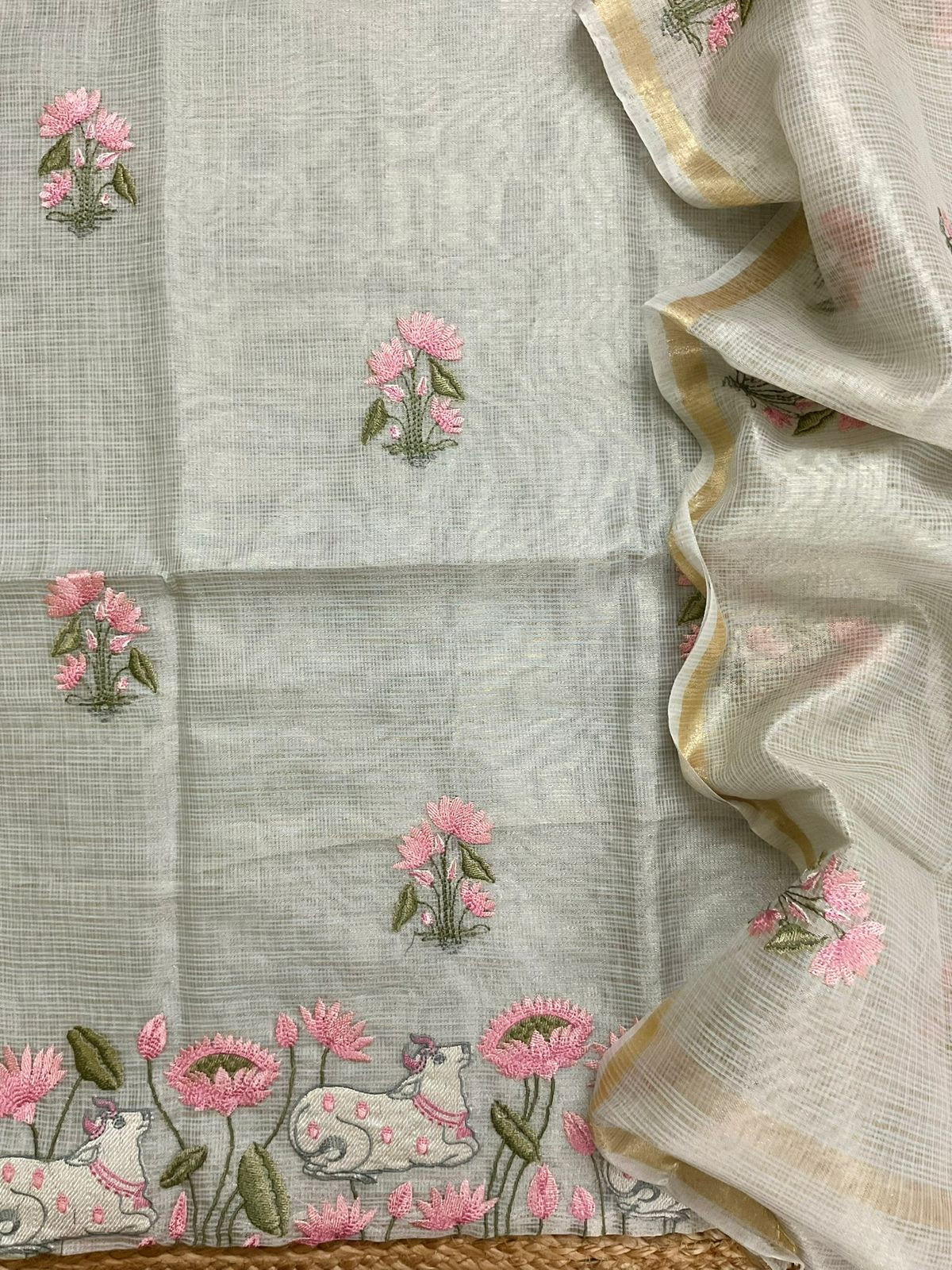 Soft Tissue Kota Silk Embroidered Suit - Grey