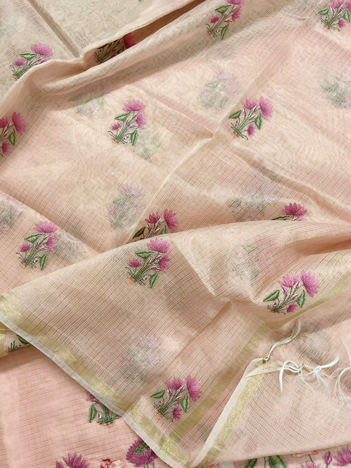 Soft Tissue Kota Silk Embroidered Suit - Peach