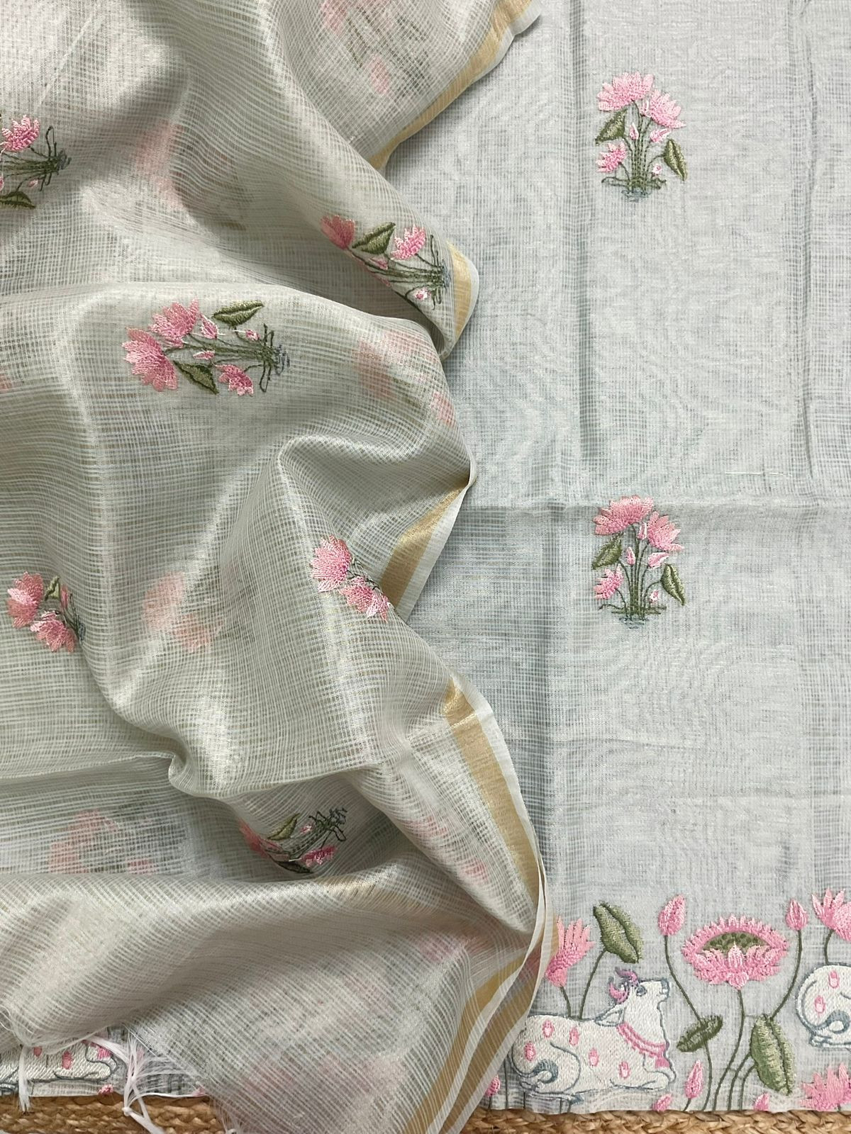 Soft Tissue Kota Silk Embroidered Suit - Grey