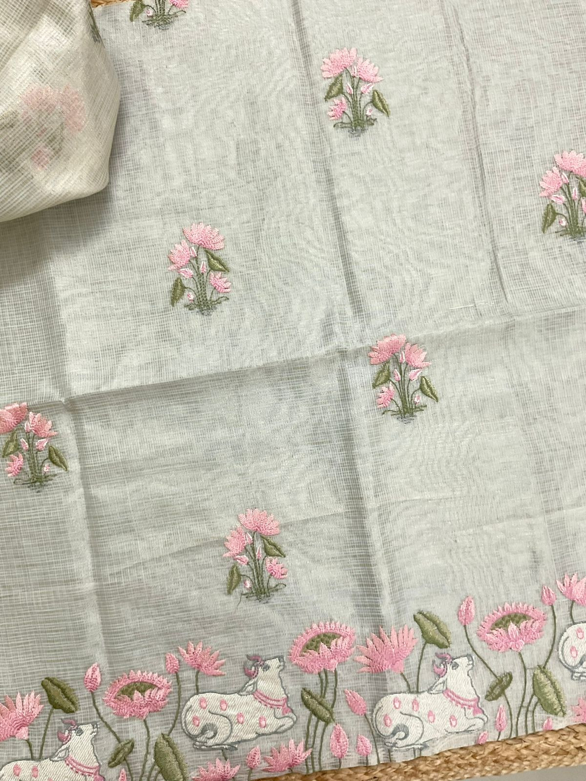 Soft Tissue Kota Silk Embroidered Suit - Grey