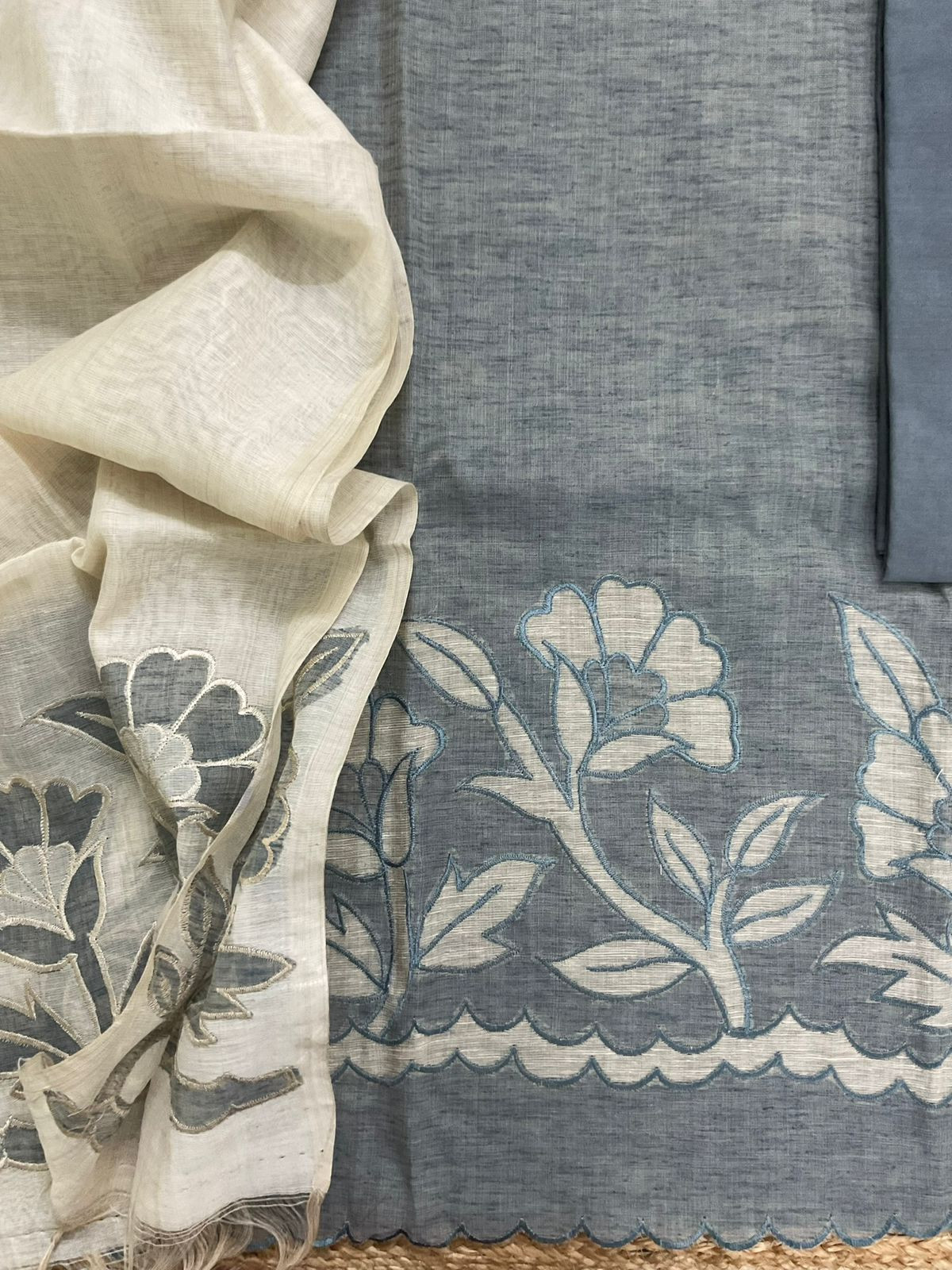 Soft Slub Chanderi Embroidered Suit - Grey
