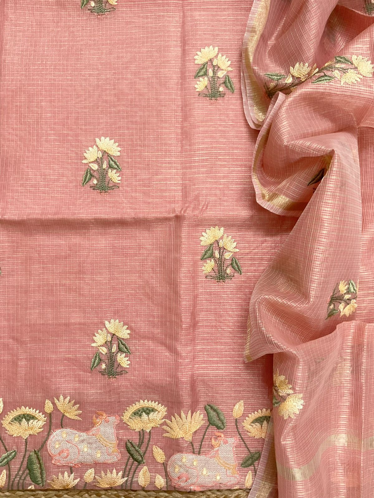 Soft Tissue Kota Silk Embroidered Suit - Dark Peach