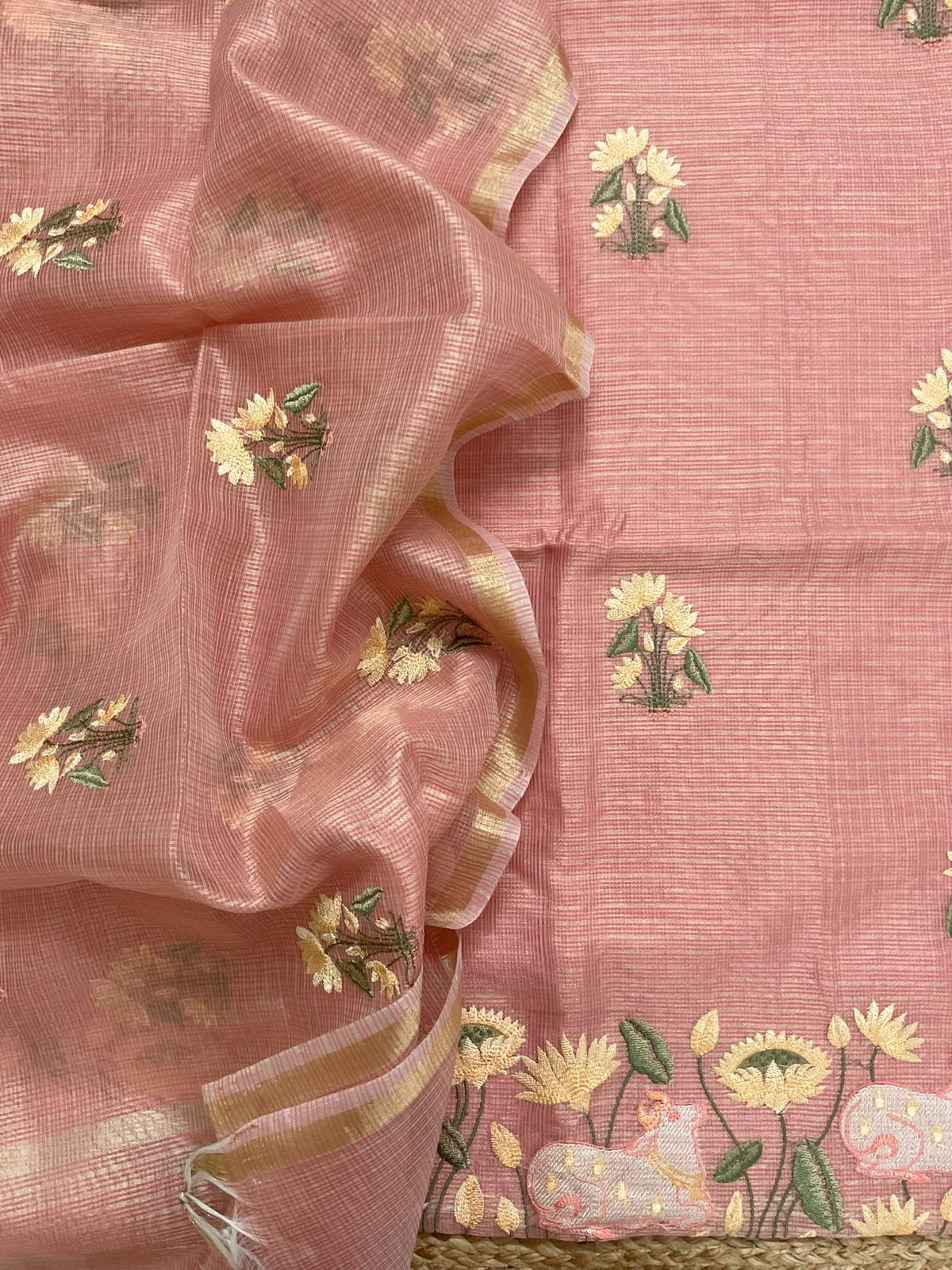 Soft Tissue Kota Silk Embroidered Suit - Dark Peach