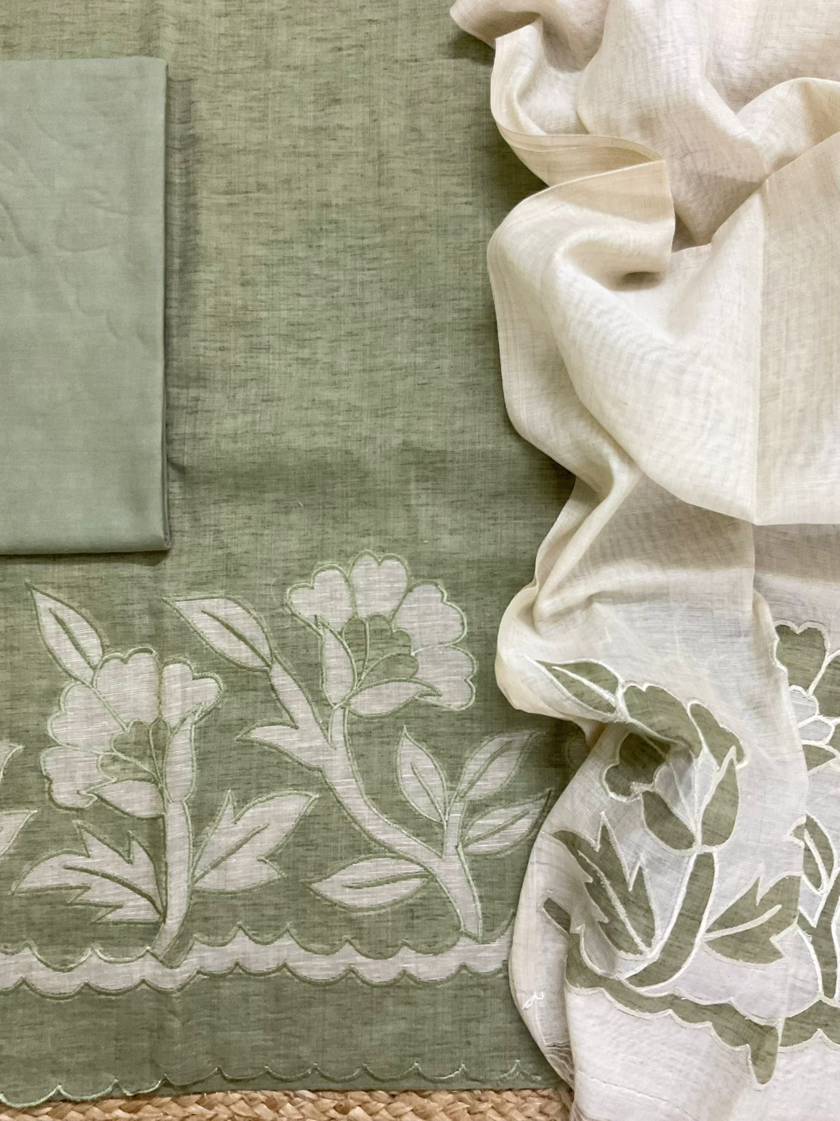 Soft Slub Chanderi Embroidered Suit - Green