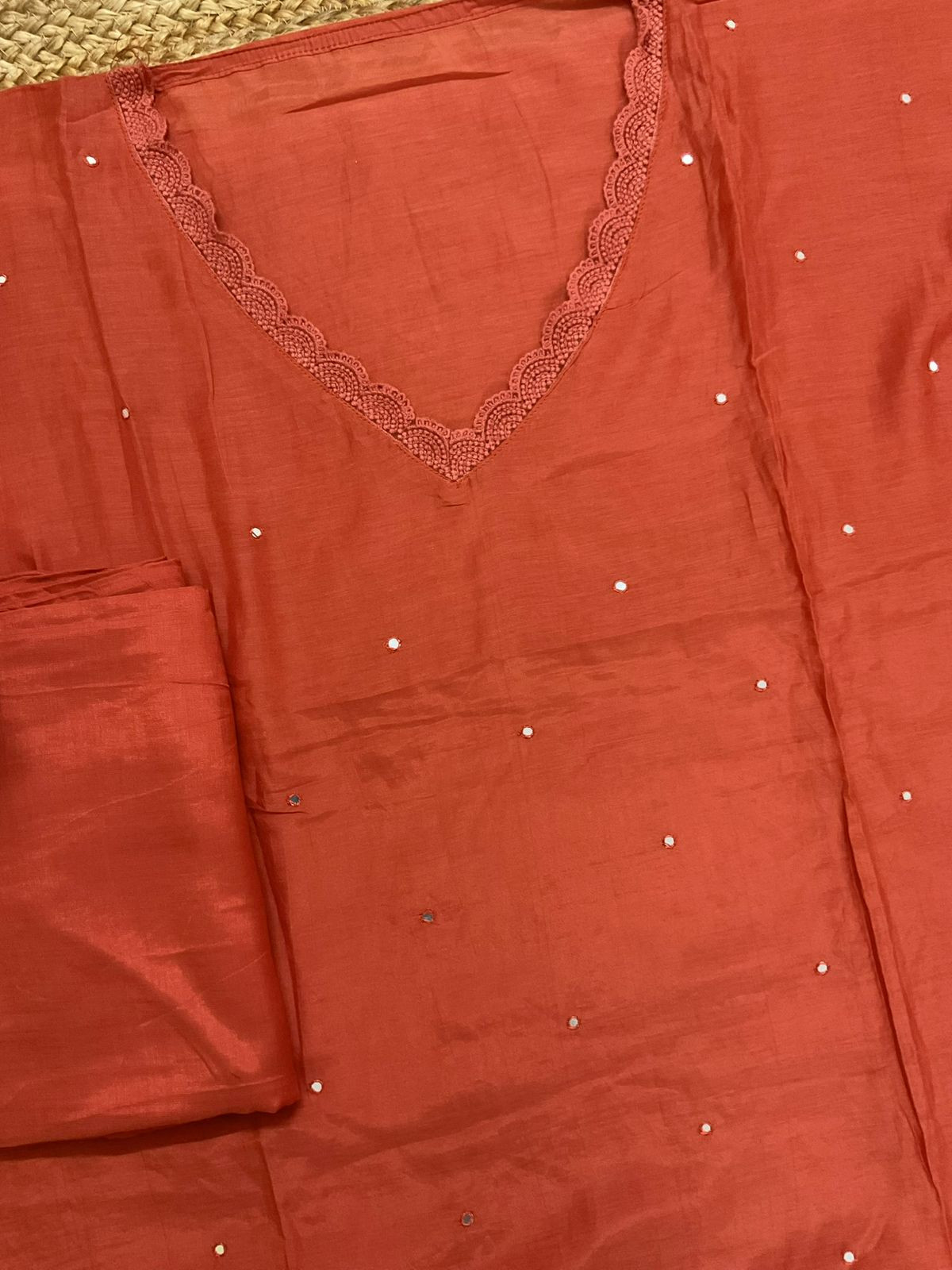 Pure Muslin Printed Embroidered Suit - Orange