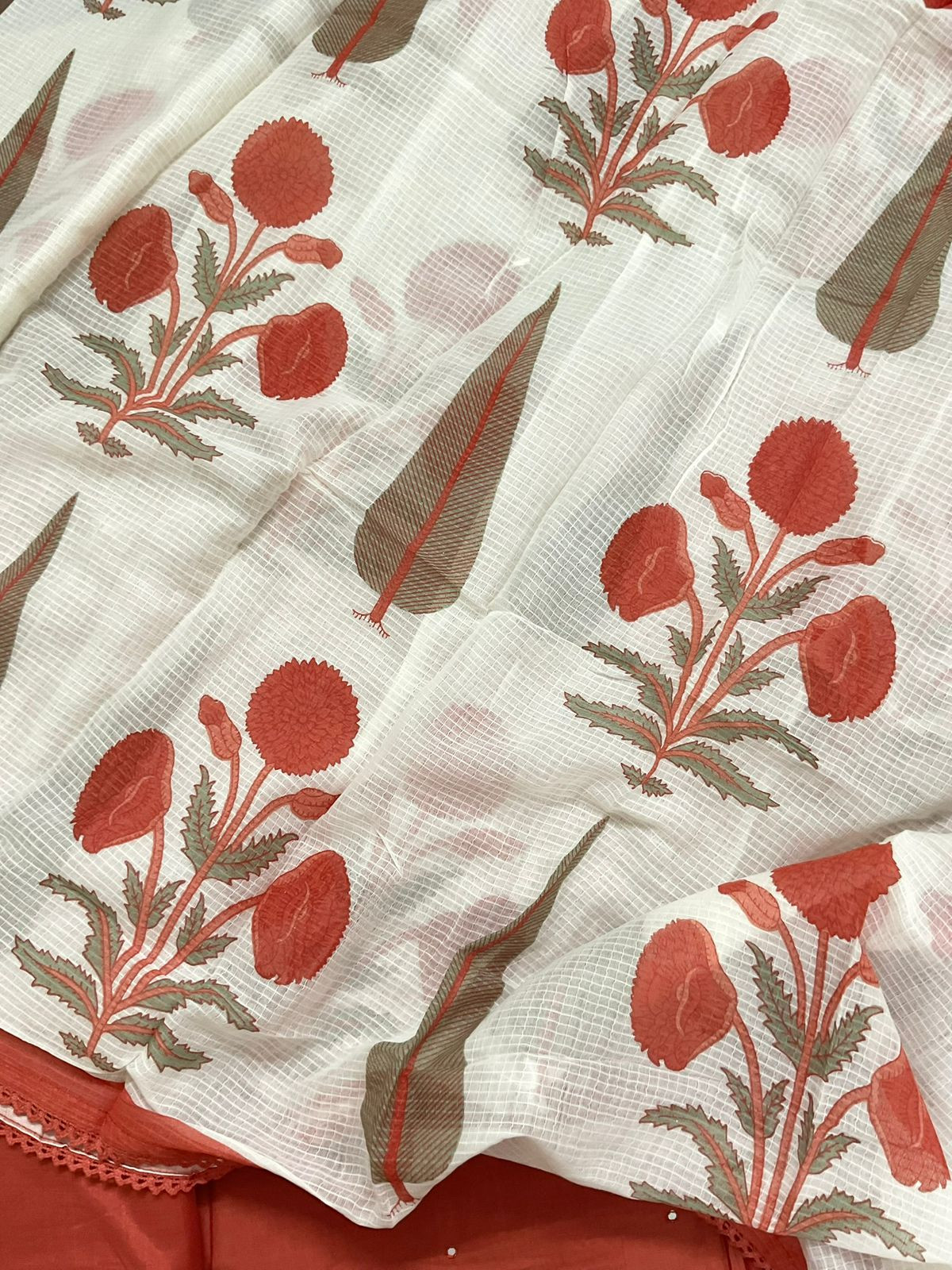 Pure Muslin Printed Embroidered Suit - Orange