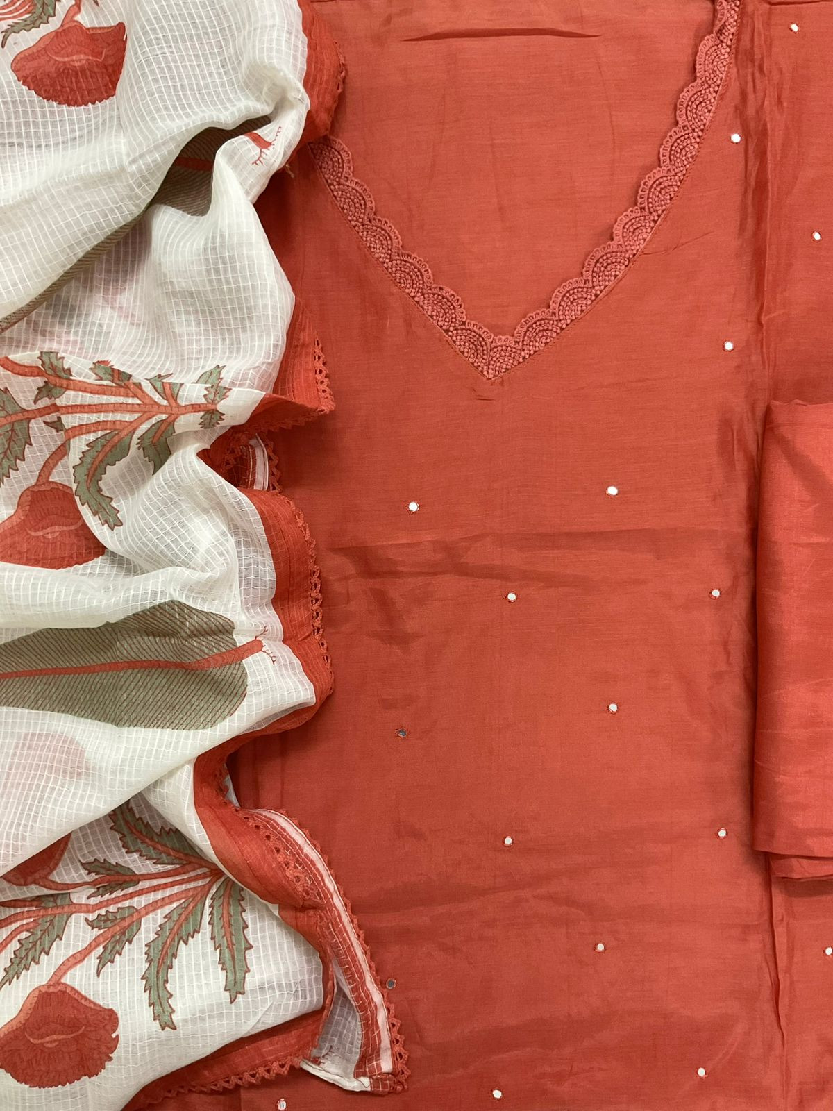 Pure Muslin Printed Embroidered Suit - Orange