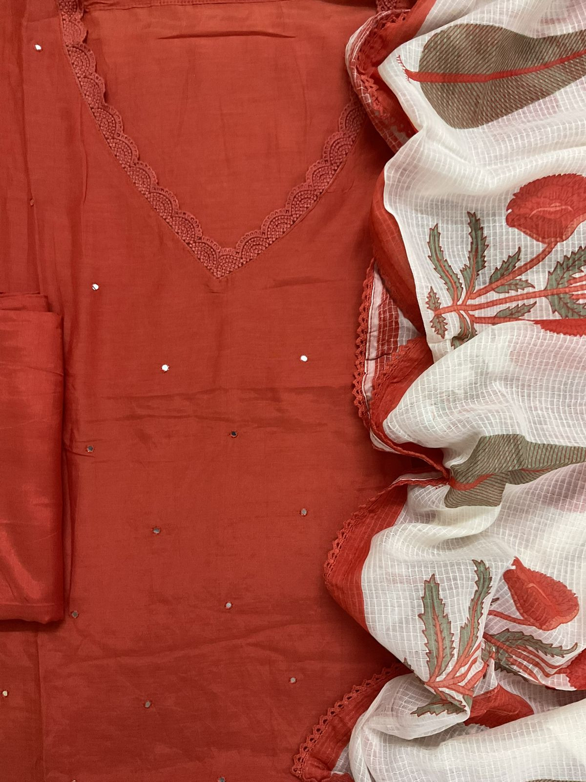 Pure Muslin Printed Embroidered Suit - Orange