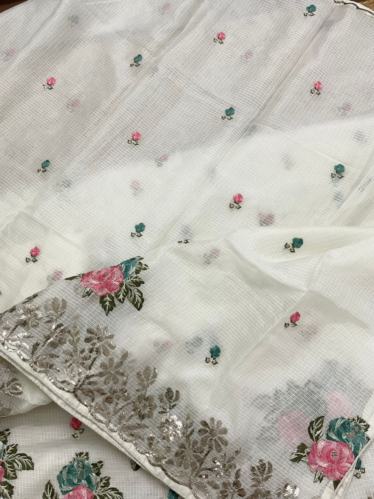 Soft Kota Silk Embroidered Suit - Off White
