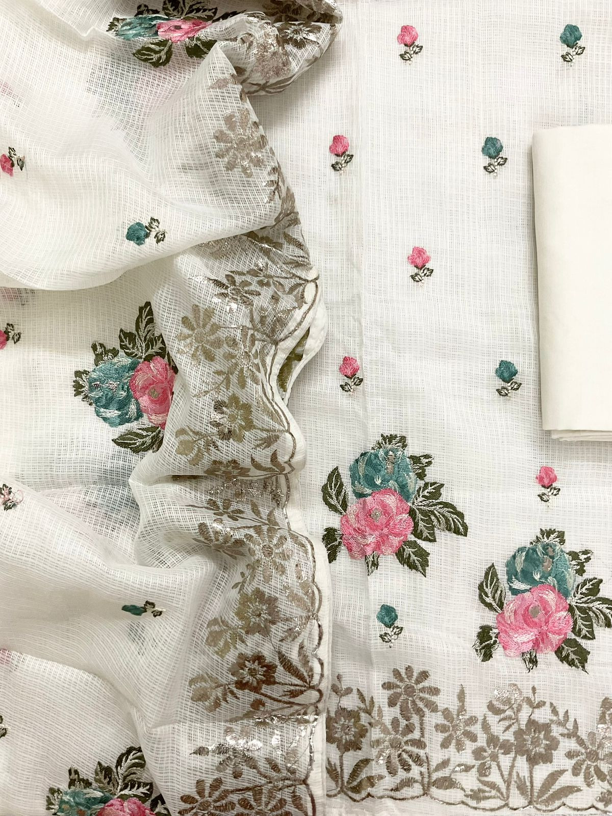 Soft Kota Silk Embroidered Suit - Off White