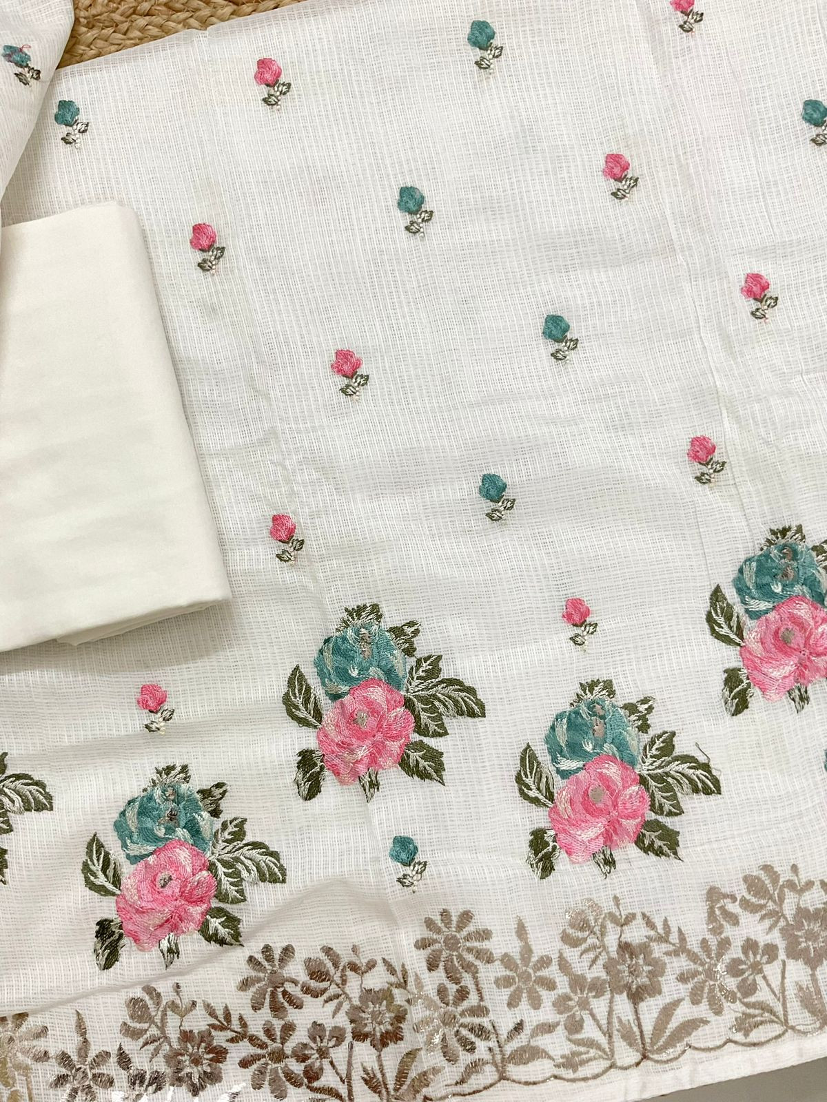 Soft Kota Silk Embroidered Suit - Off White