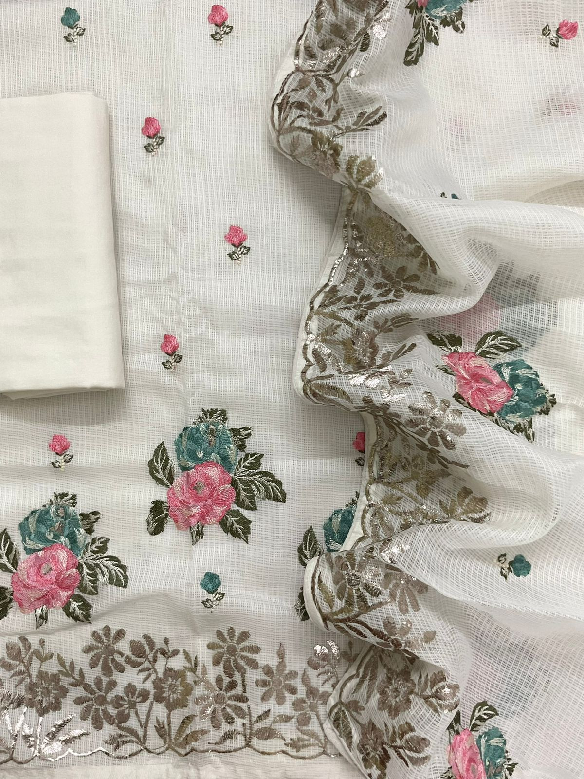 Soft Kota Silk Embroidered Suit - Off White