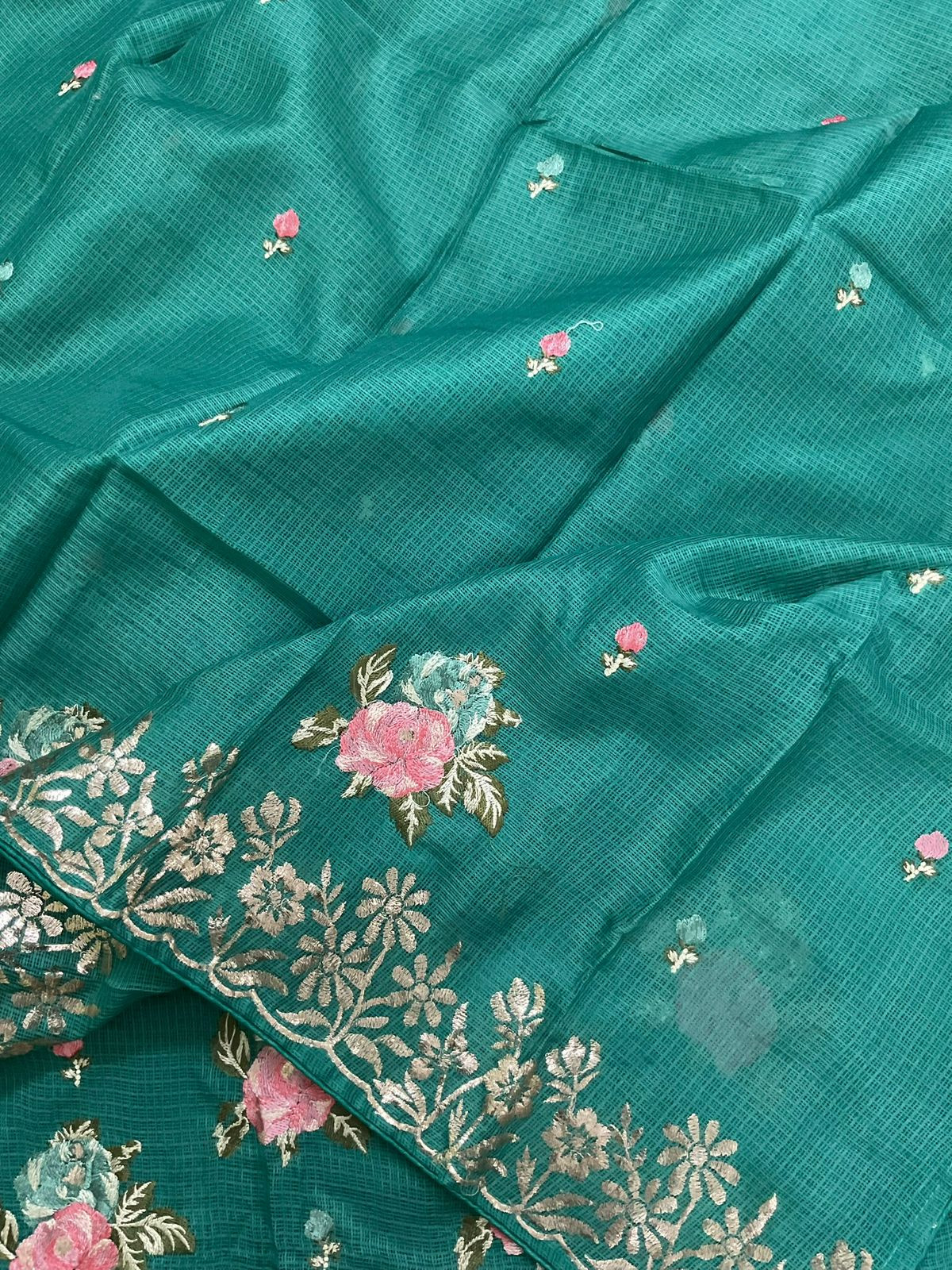 Soft Kota Silk Embroidered Suit - Green