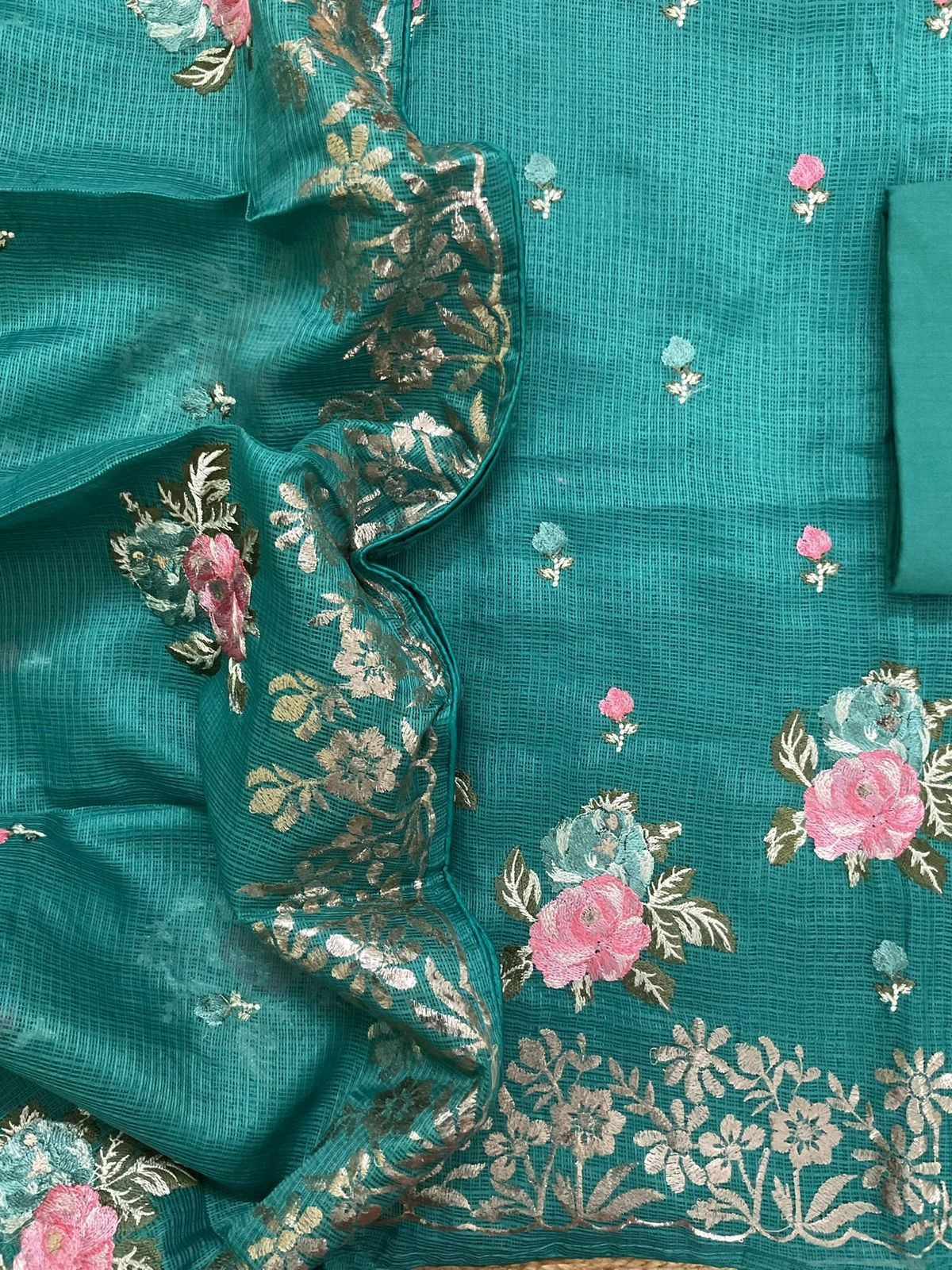 Soft Kota Silk Embroidered Suit - Green