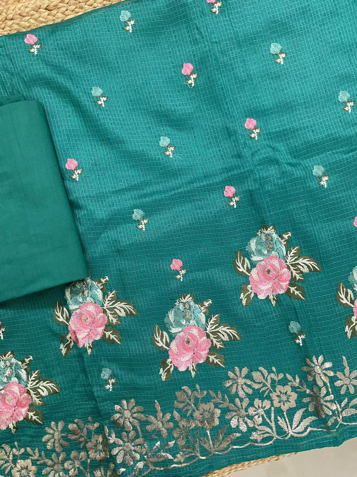 Soft Kota Silk Embroidered Suit - Green
