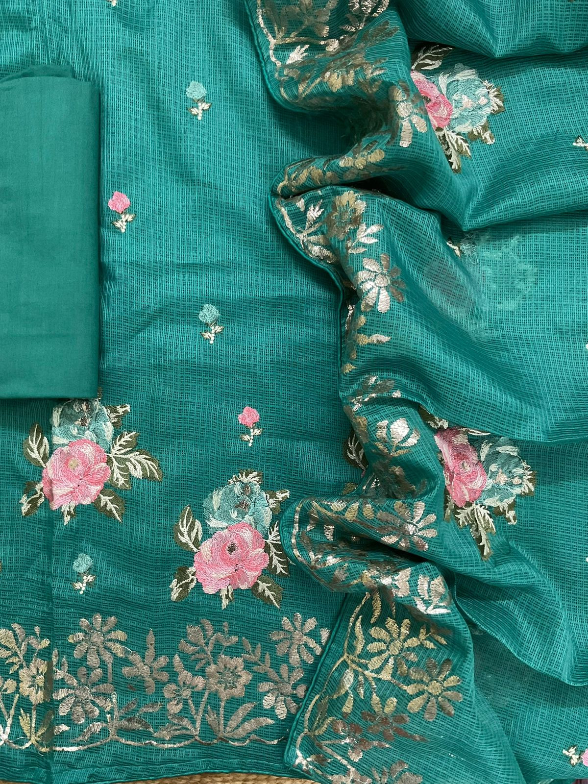 Soft Kota Silk Embroidered Suit - Green