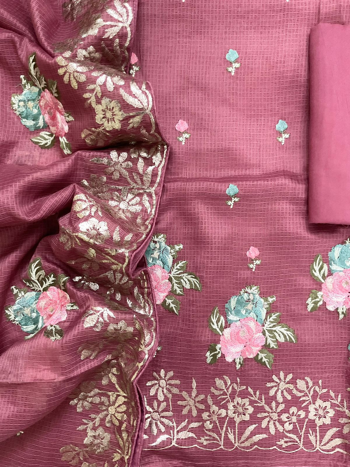 Soft Kota Silk Embroidered Suit - Pink