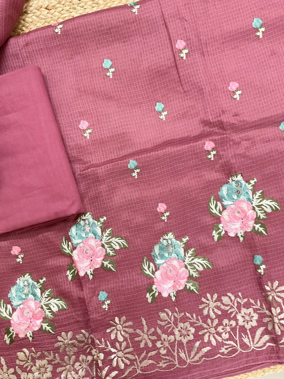 Soft Kota Silk Embroidered Suit - Pink