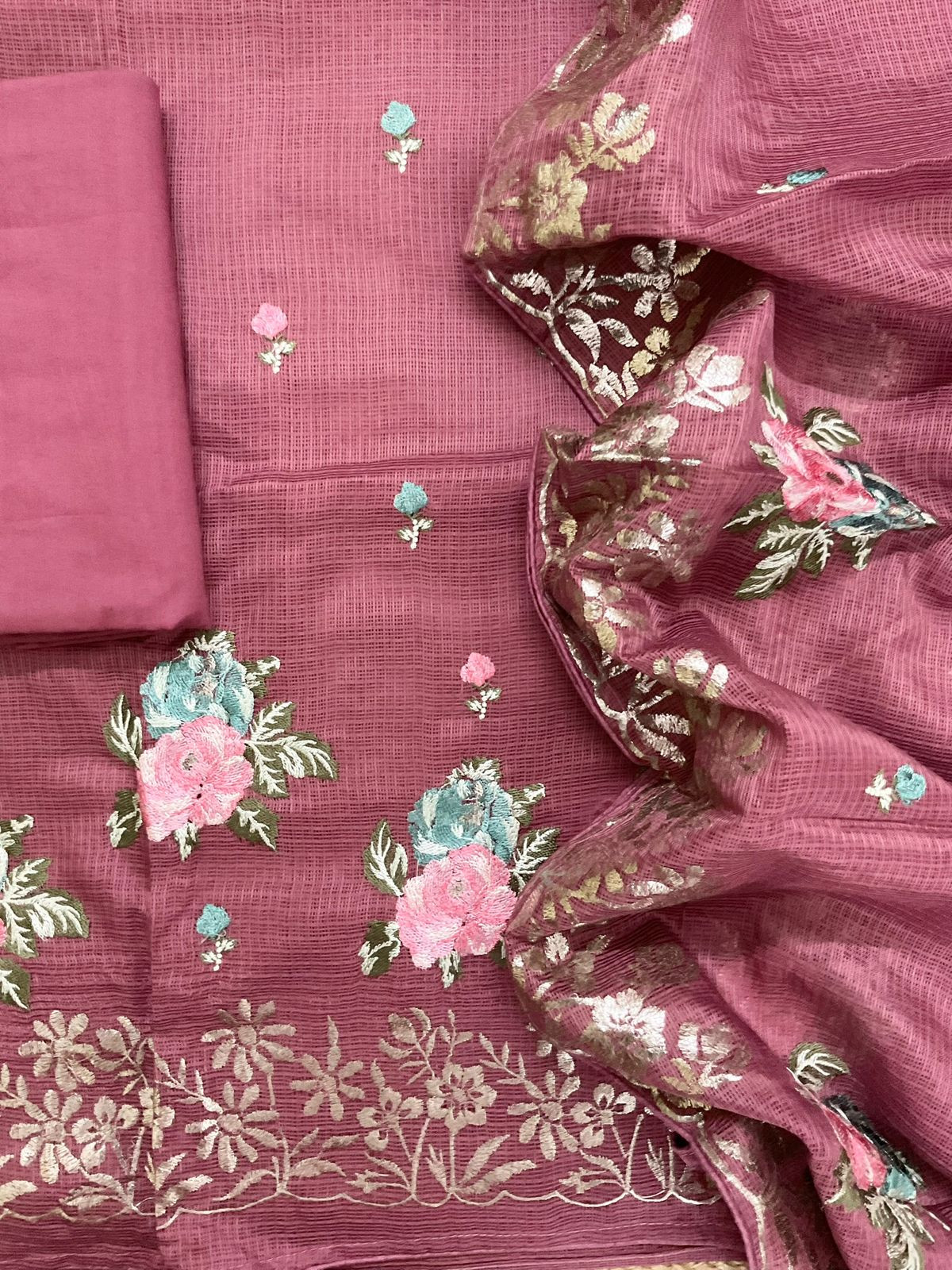 Soft Kota Silk Embroidered Suit - Pink