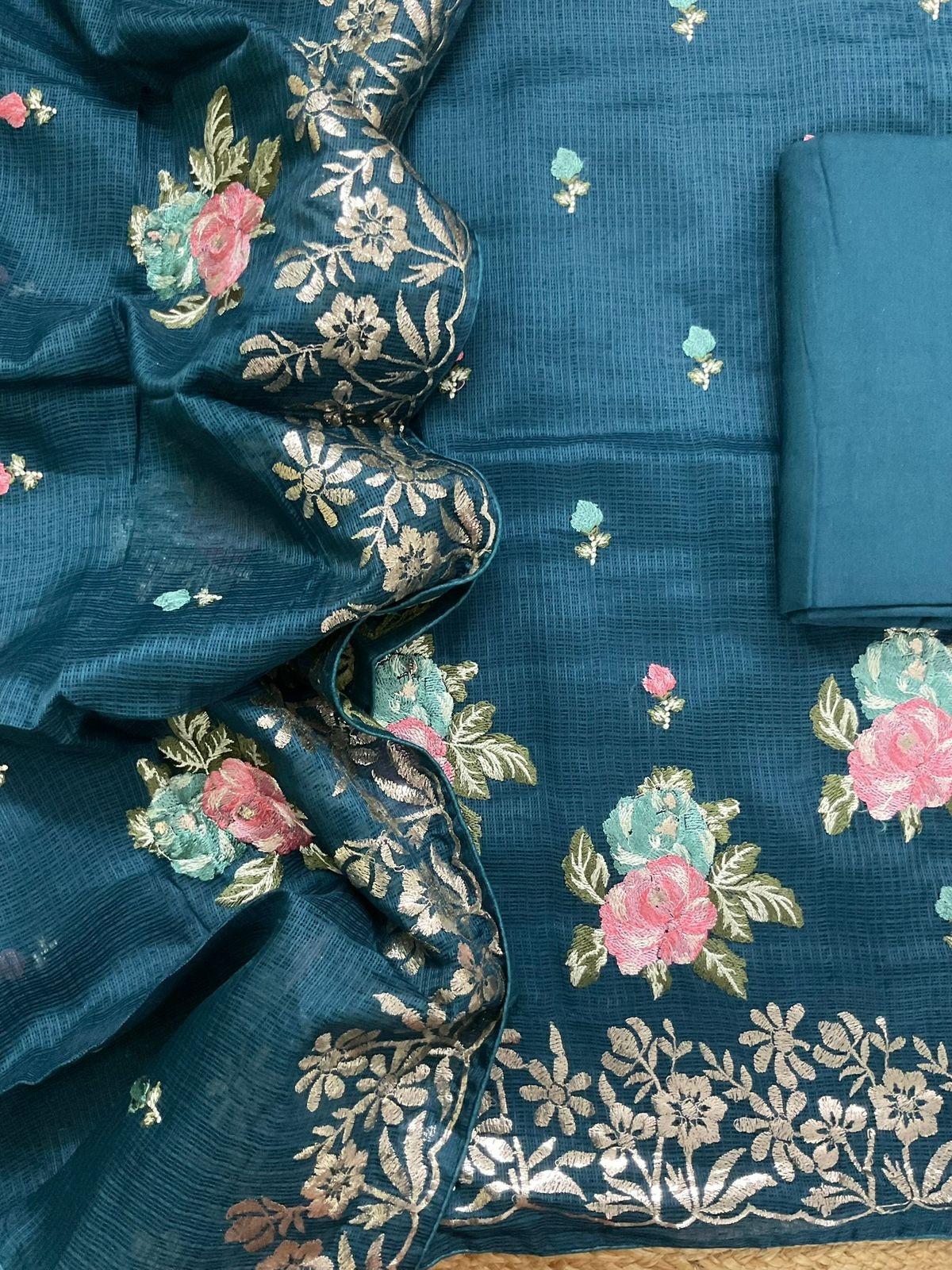 Soft Kota Silk Embroidered Suit - Blue