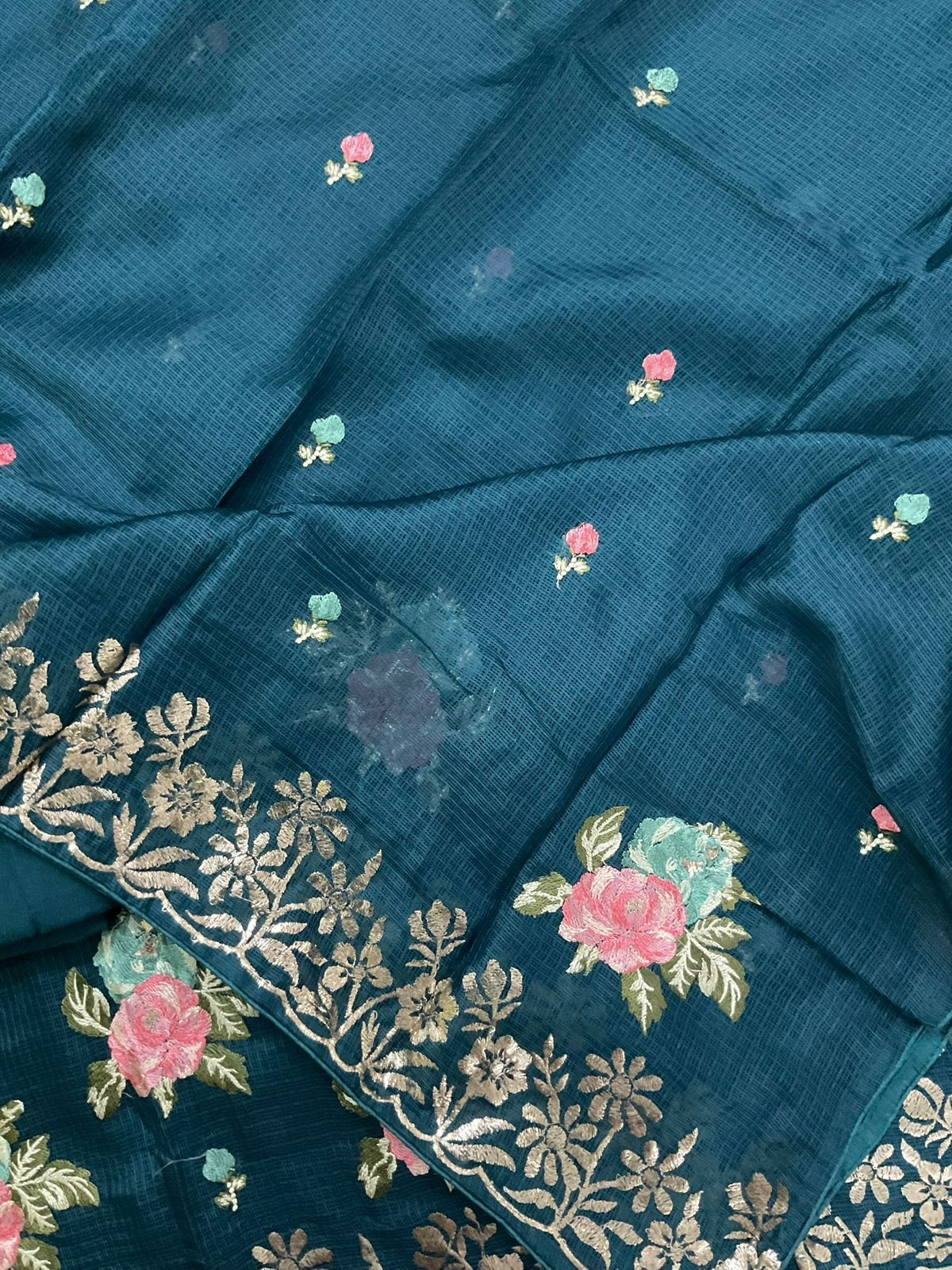 Soft Kota Silk Embroidered Suit - Blue