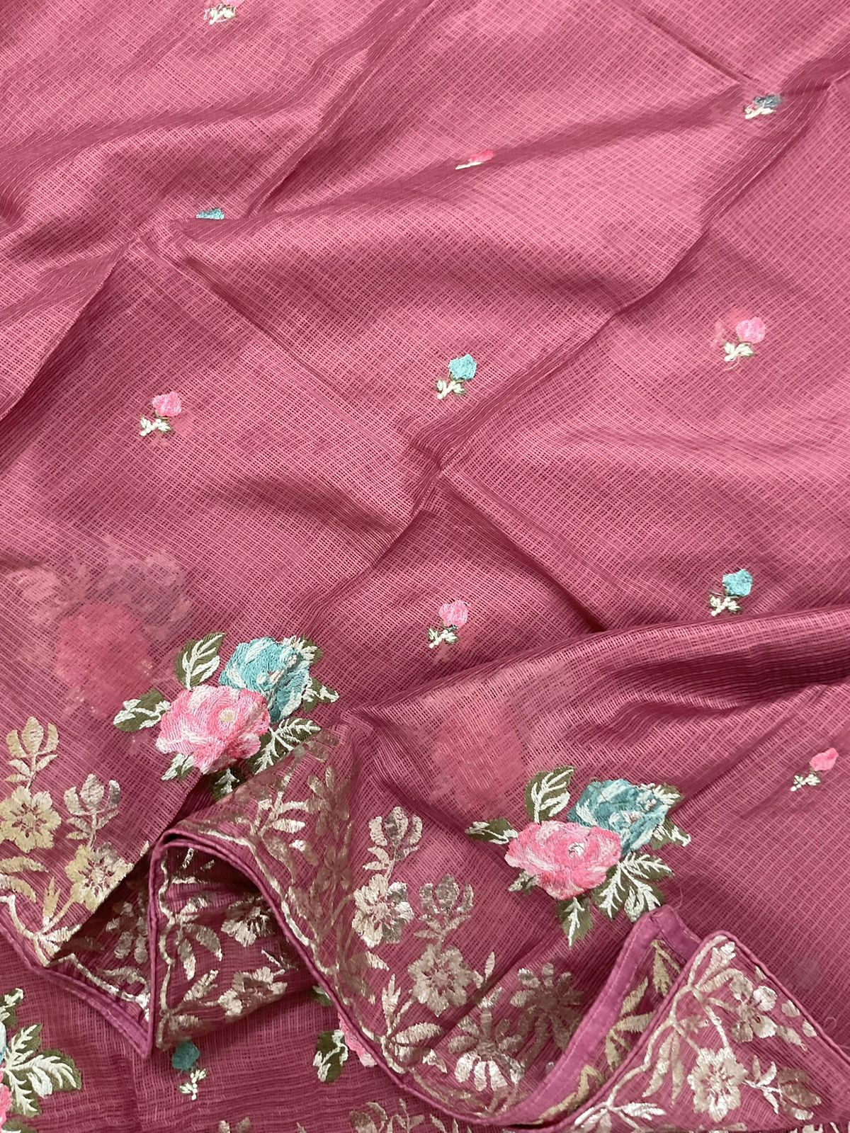 Soft Kota Silk Embroidered Suit - Pink