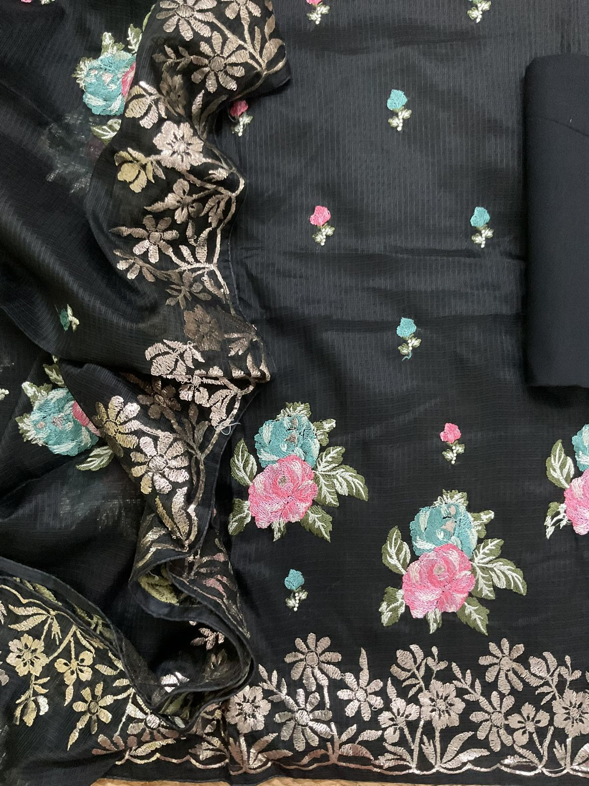 Soft Kota Silk Embroidered Suit - Black