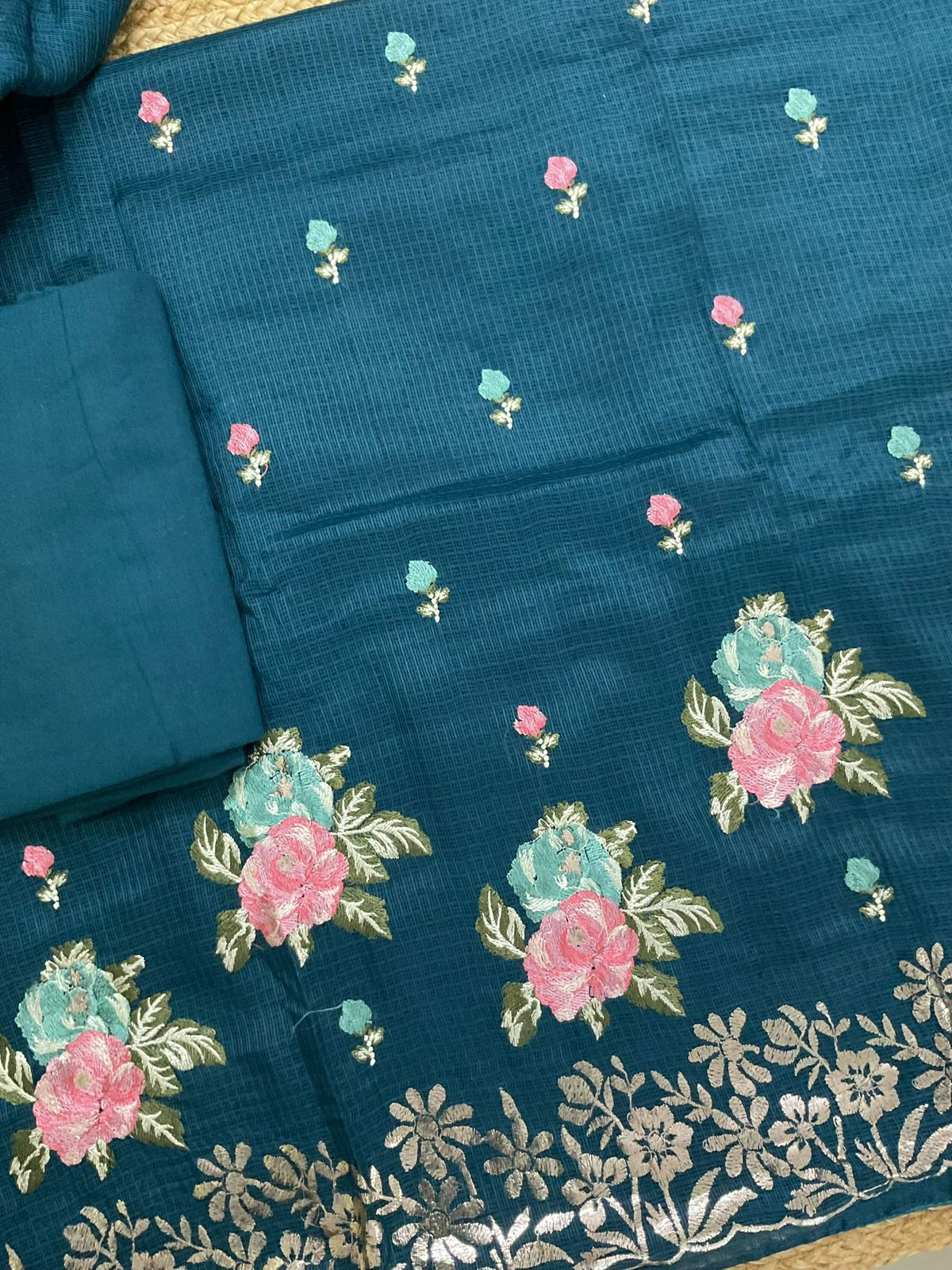 Soft Kota Silk Embroidered Suit - Blue