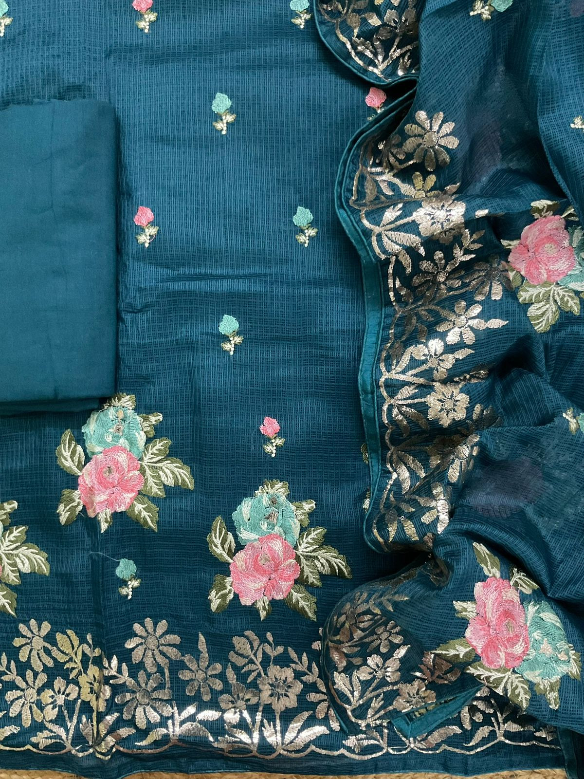 Soft Kota Silk Embroidered Suit - Blue