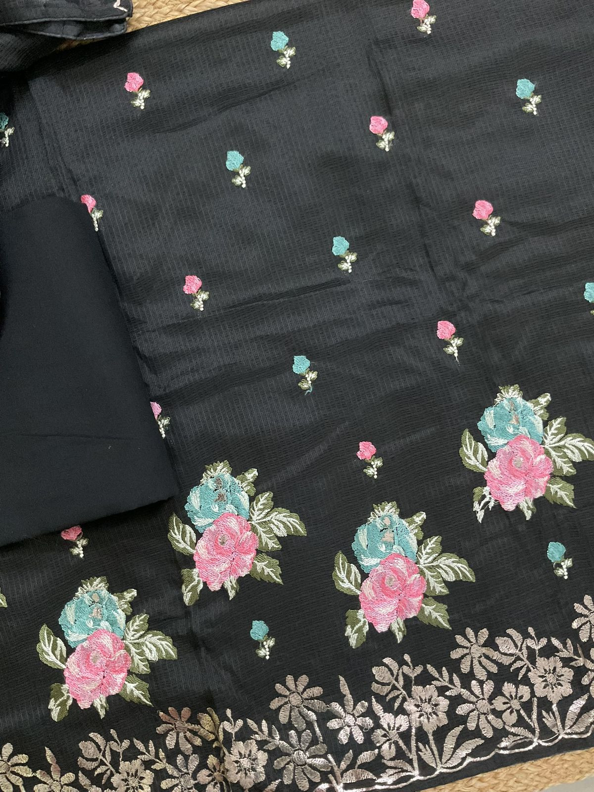 Soft Kota Silk Embroidered Suit - Black