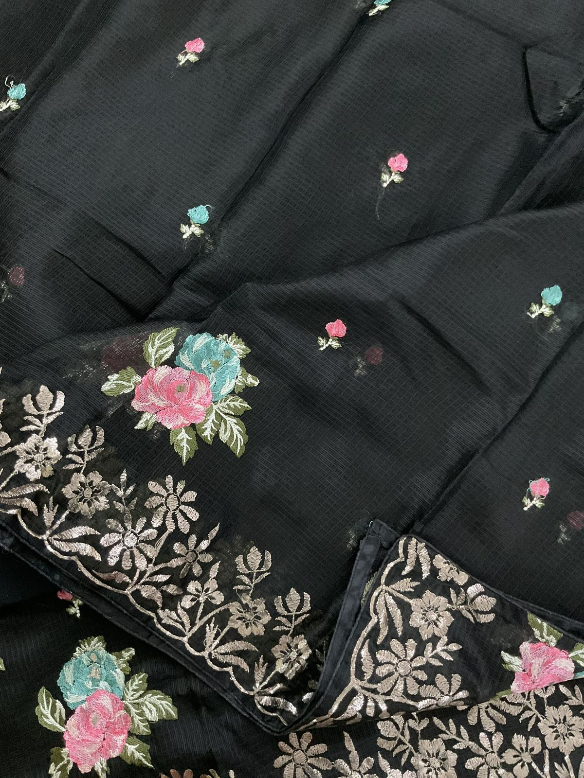 Soft Kota Silk Embroidered Suit - Black