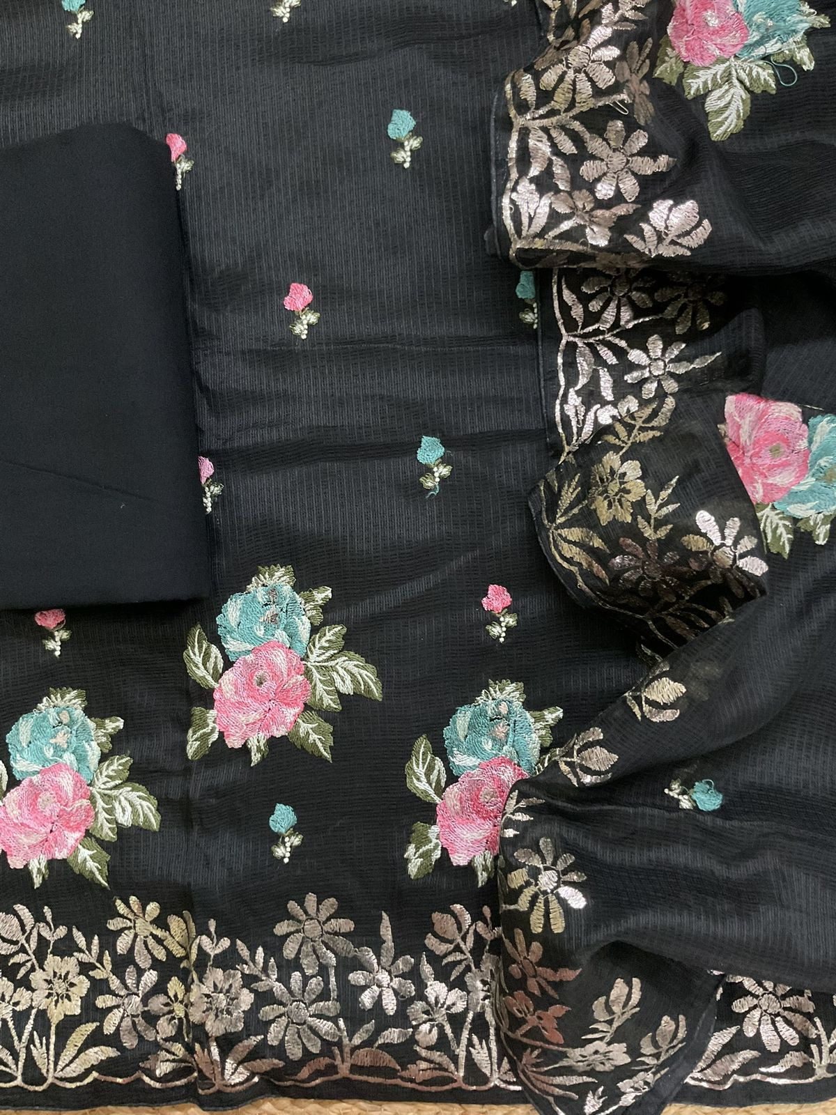 Soft Kota Silk Embroidered Suit - Black