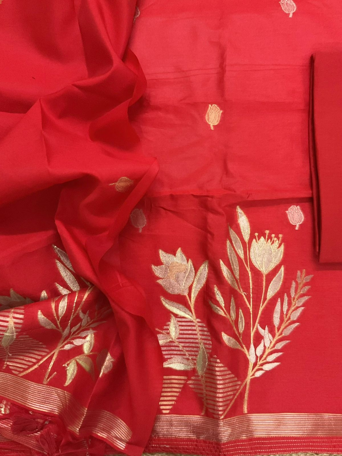 Soft Kora Chanderi Jamdani Weaved Suit - Red