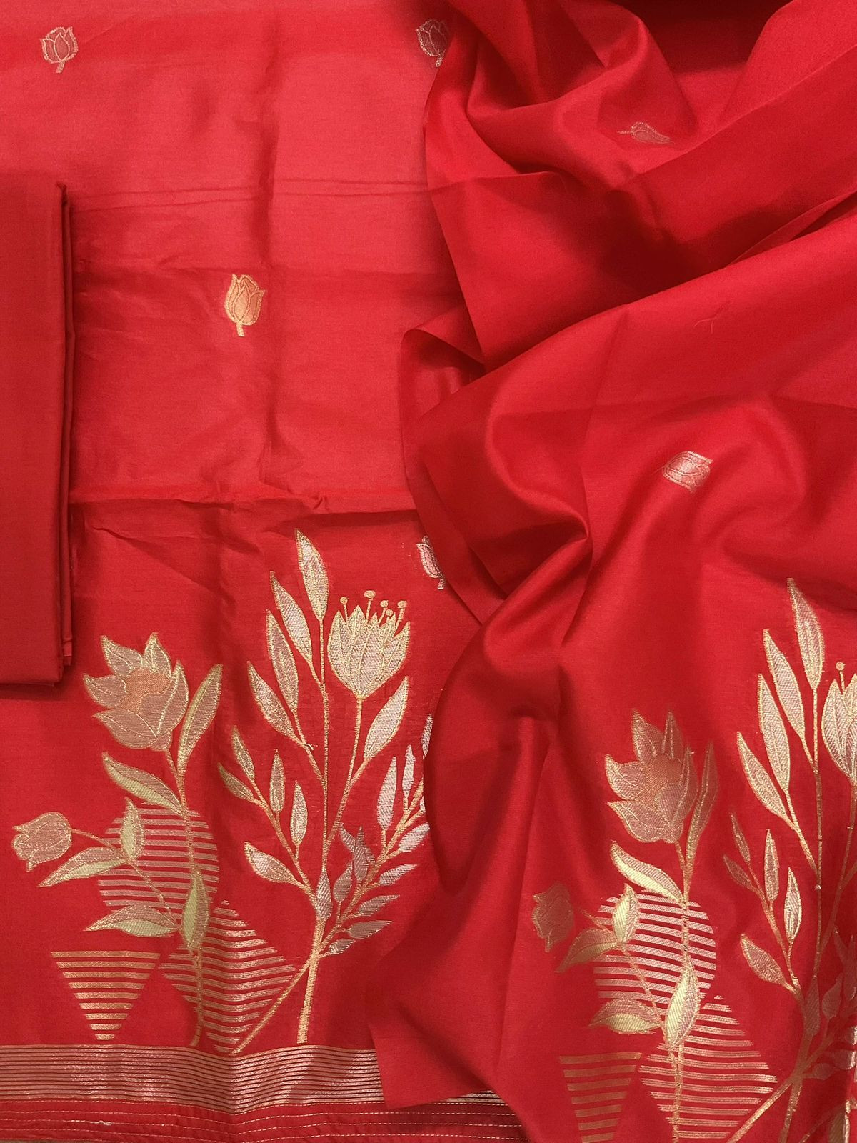 Soft Kora Chanderi Jamdani Weaved Suit - Red