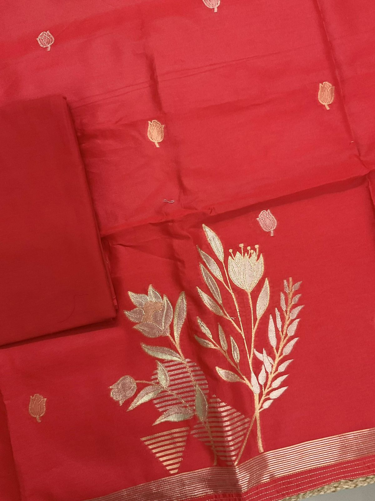 Soft Kora Chanderi Jamdani Weaved Suit - Red
