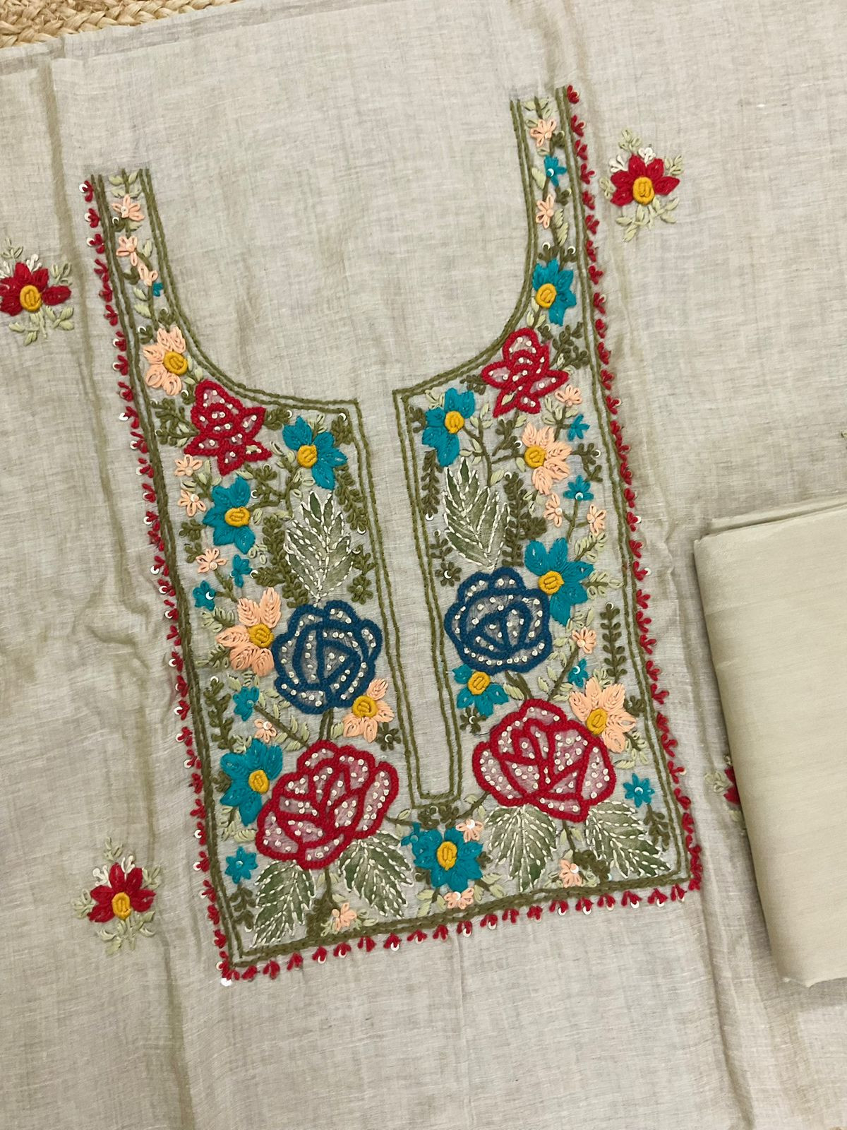 Soft Slub Chanderi Jamdani Weaved Embroidered Suit - Beige