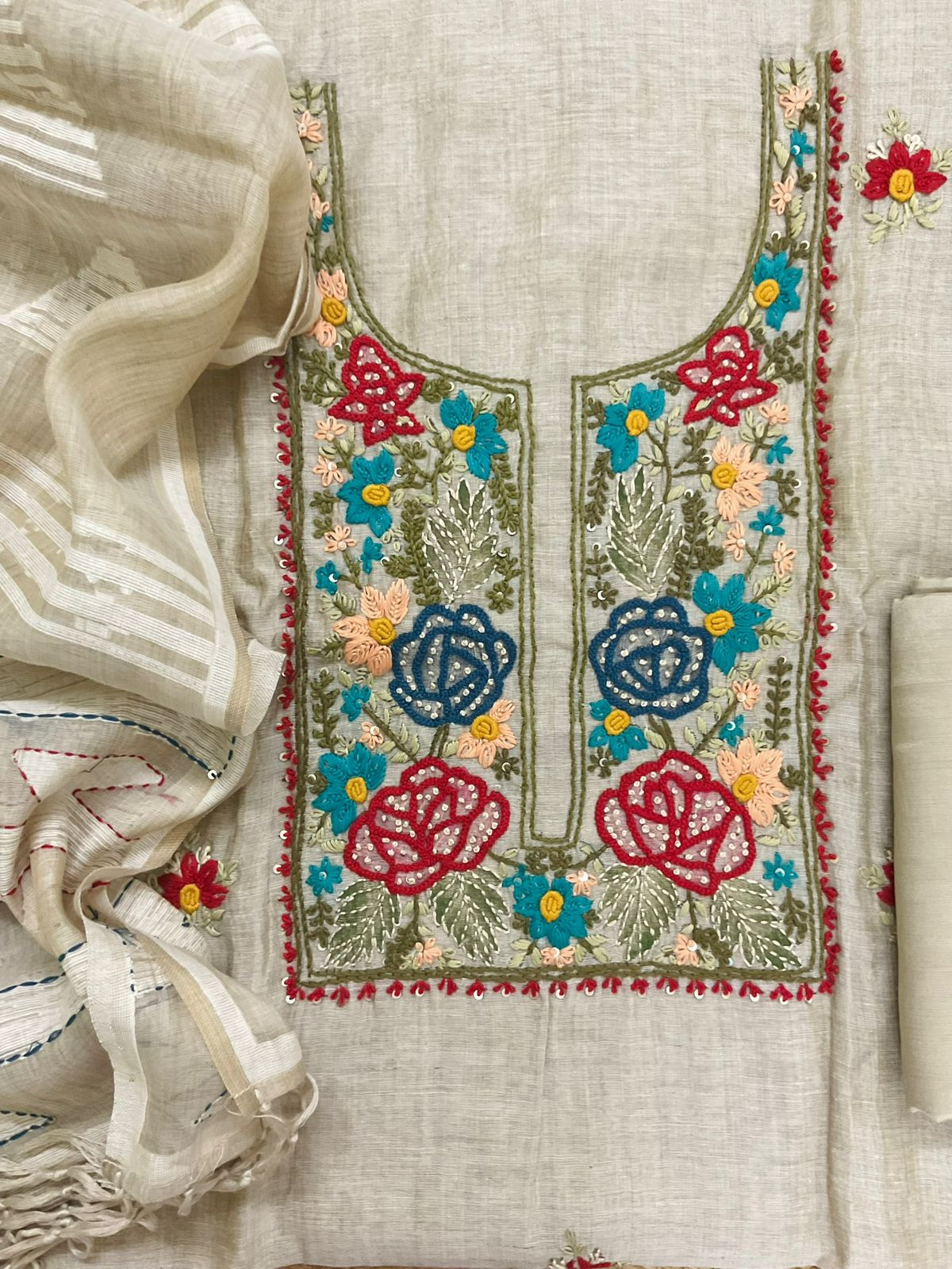 Soft Slub Chanderi Jamdani Weaved Embroidered Suit - Beige