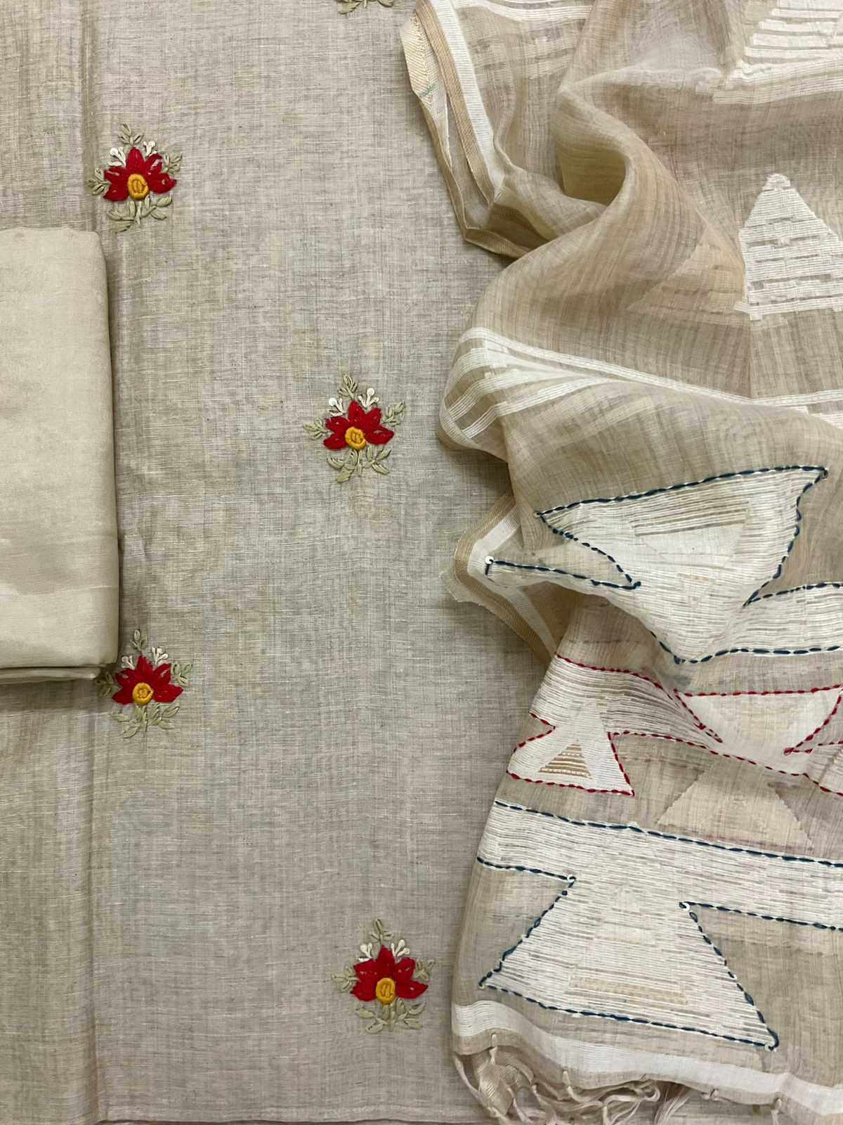 Soft Slub Chanderi Jamdani Weaved Embroidered Suit - Beige