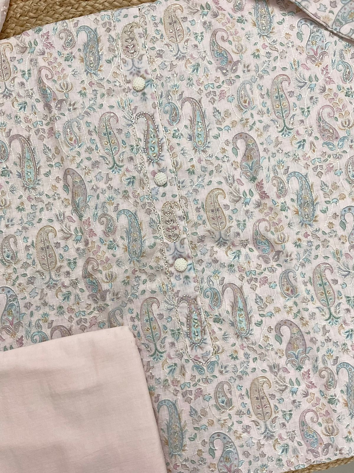 Soft Linen Jute Cotton Printed Embroidered Suit - Pink