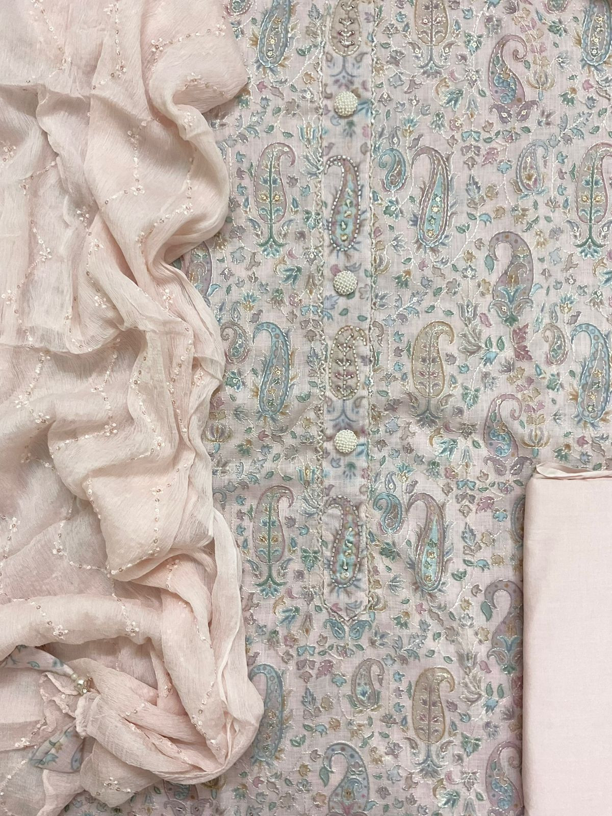 Soft Linen Jute Cotton Printed Embroidered Suit - Pink