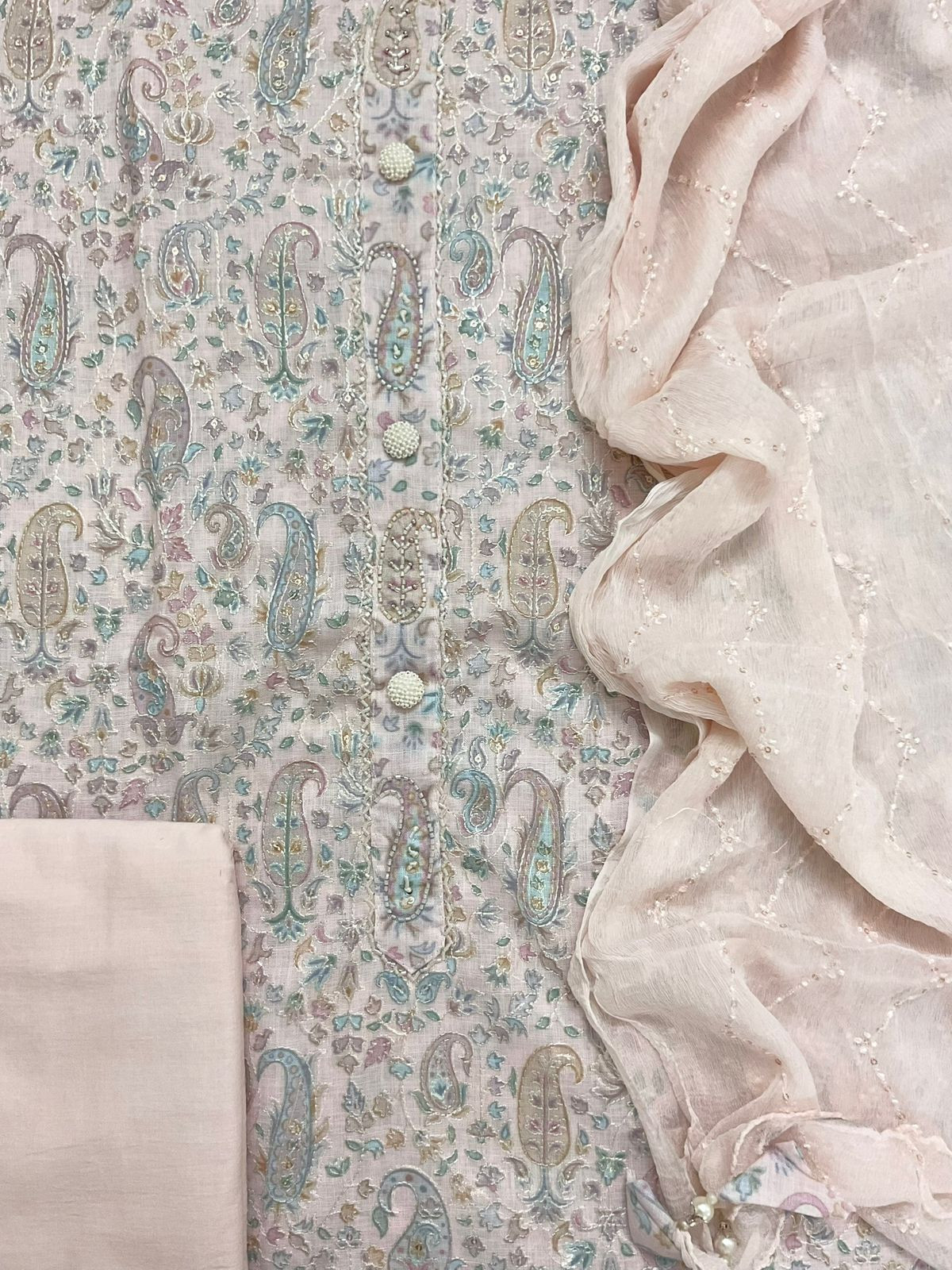 Soft Linen Jute Cotton Printed Embroidered Suit - Pink