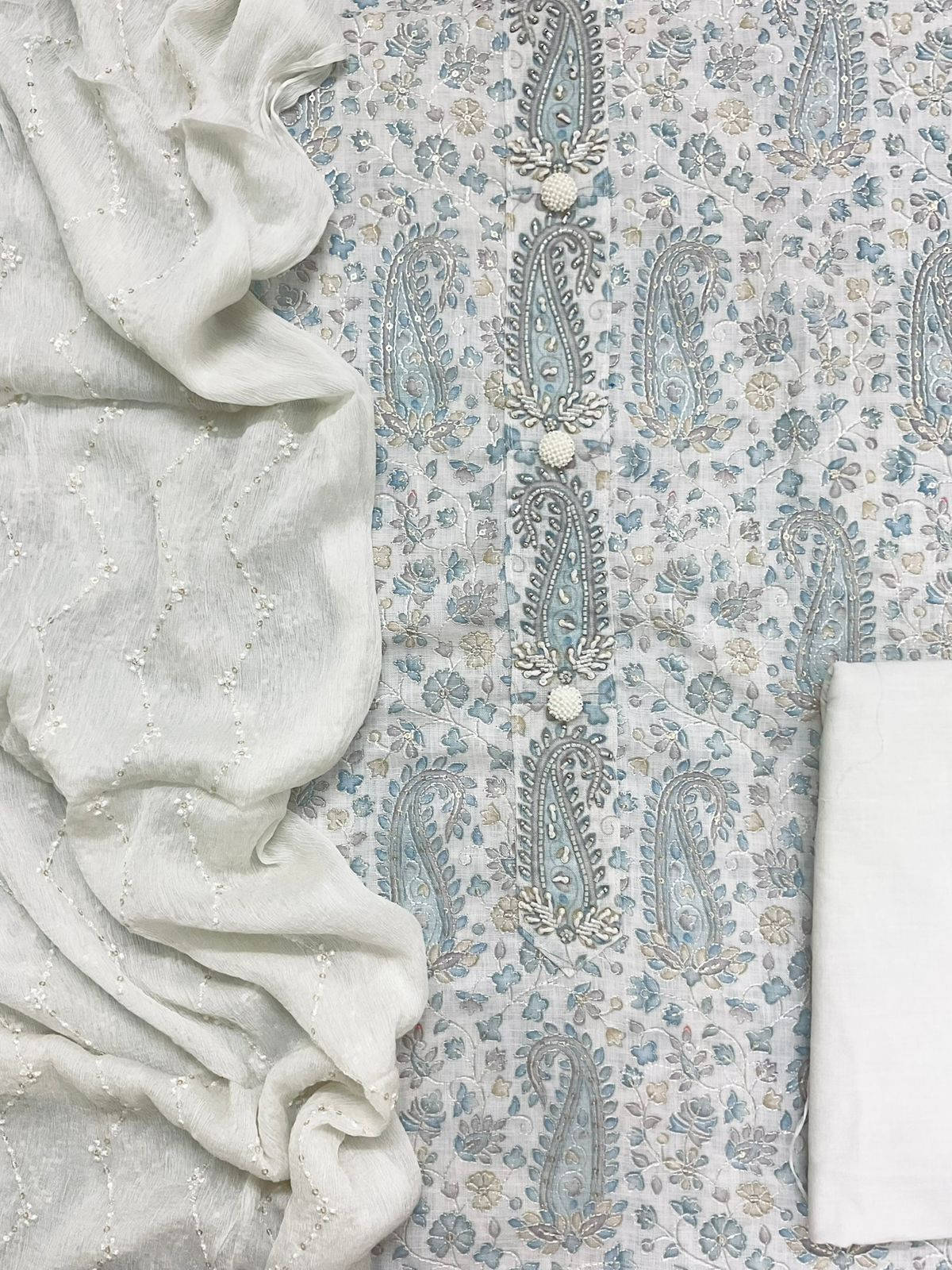 Soft Linen Jute Cotton Printed Embroidered Suit - Grey